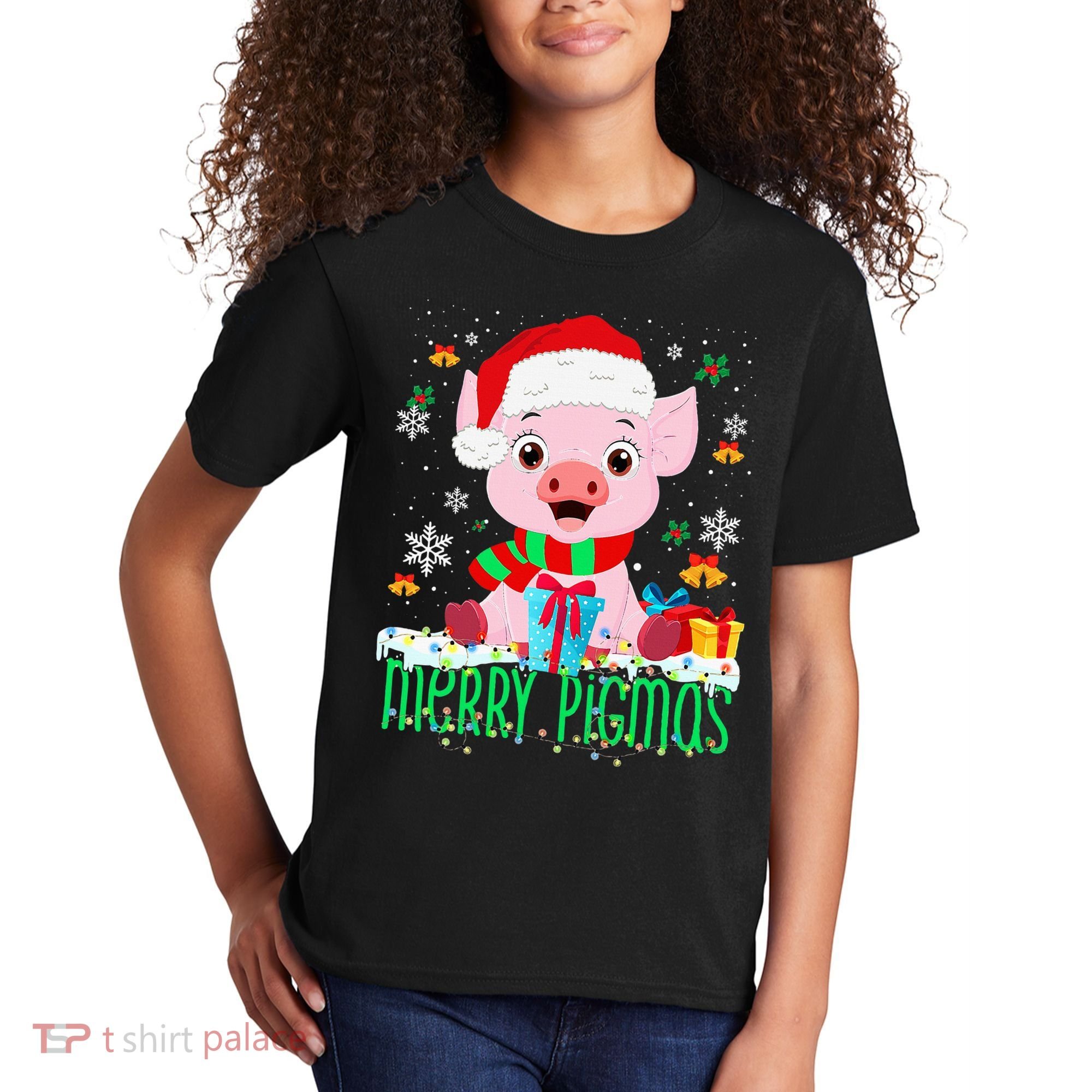 Merry Pigmas Pig Christmas Santa Hat Funny Xmas Light Farmer Kids T-Shirt