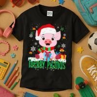 Merry Pigmas Pig Christmas Santa Hat Funny Xmas Light Farmer Kids T-Shirt thumb 3