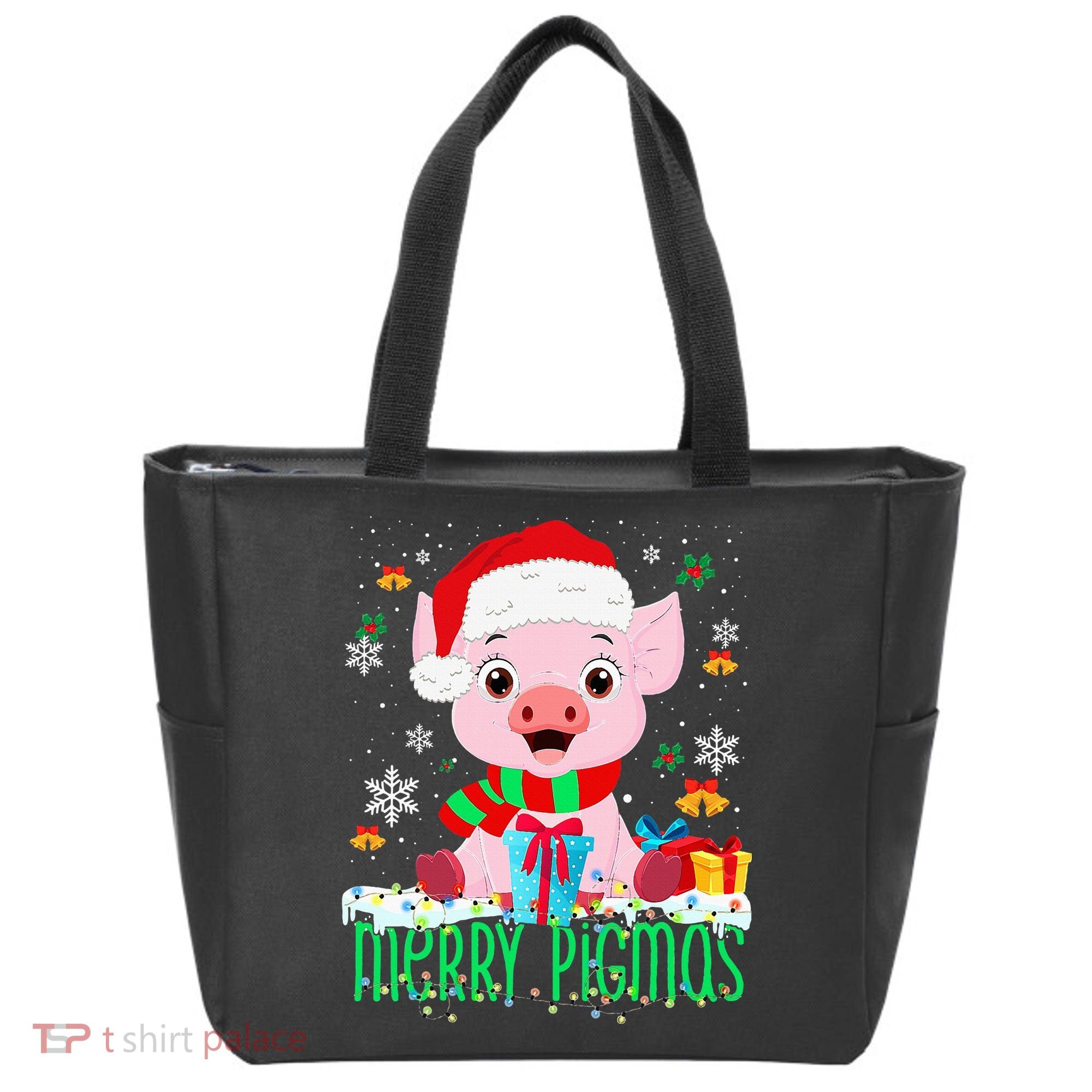 Merry Pigmas Pig Christmas Santa Hat Funny Xmas Light Farmer Tote Bag