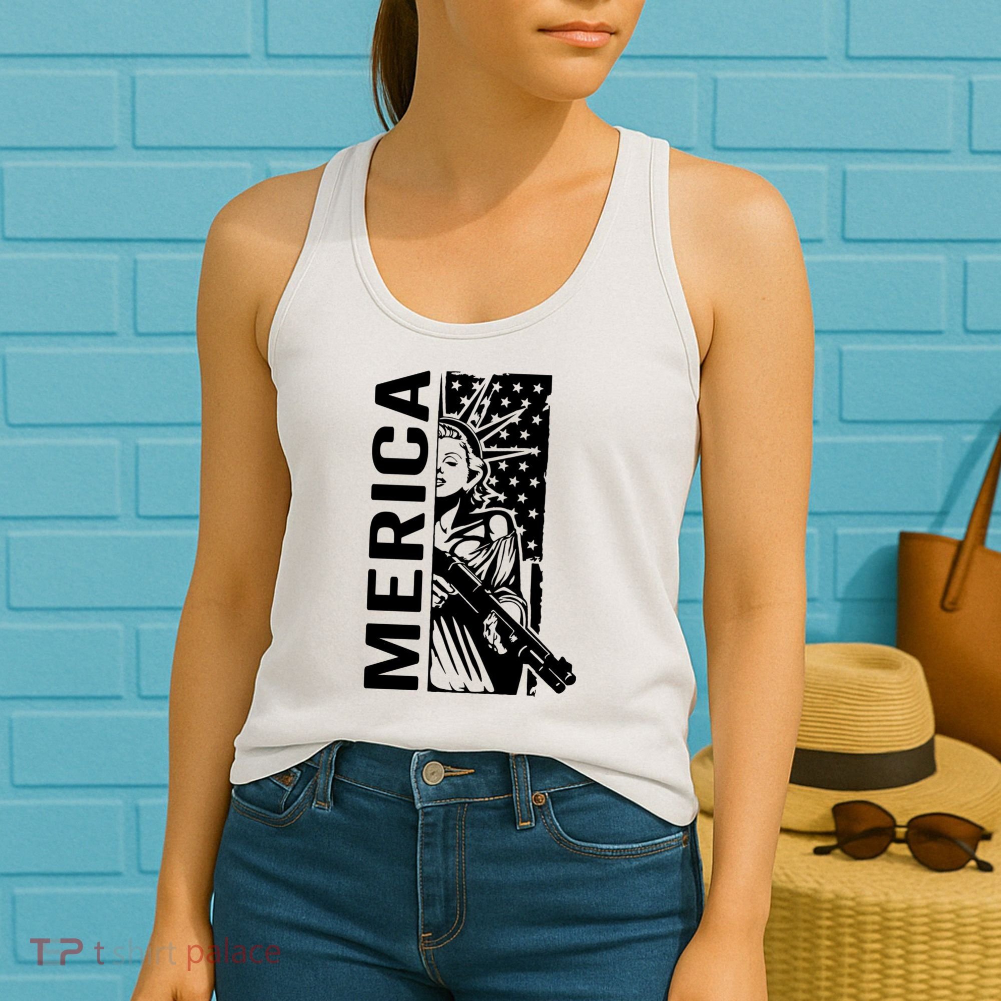 Merica Patriotic Pro Gun USA Liberty Lady 4th Of July Gun Women's Tank Top