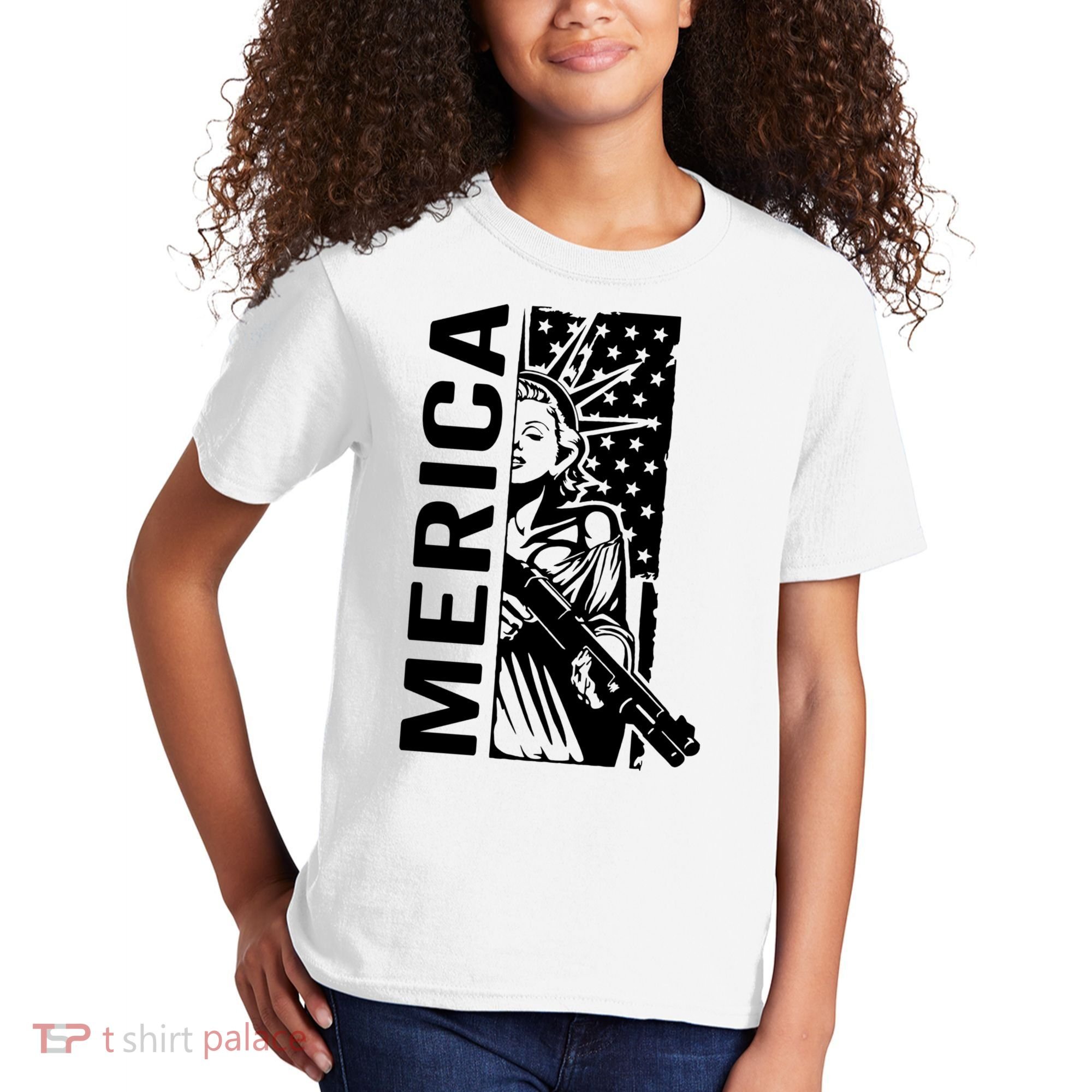 Merica Patriotic Pro Gun USA Liberty Lady 4th Of July Gun Kids T-Shirt