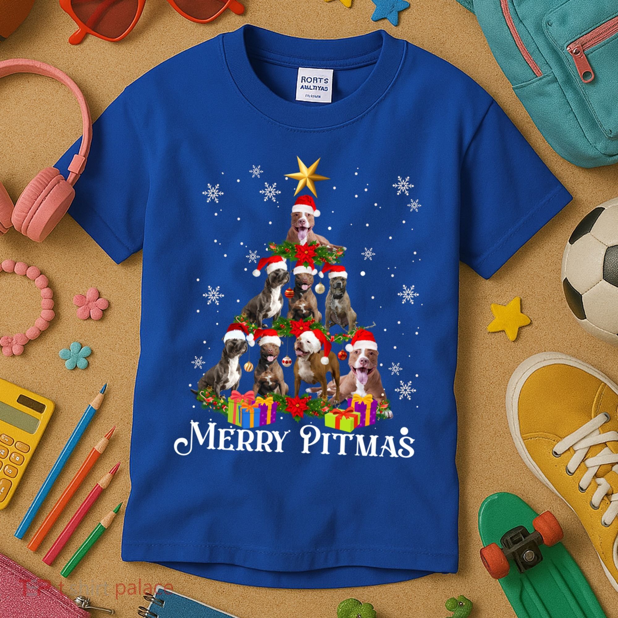 Merry Pitmas Pitbull Dog Ugly Christmas Sweater Tree Dogs Cute Gift Kids T-Shirt