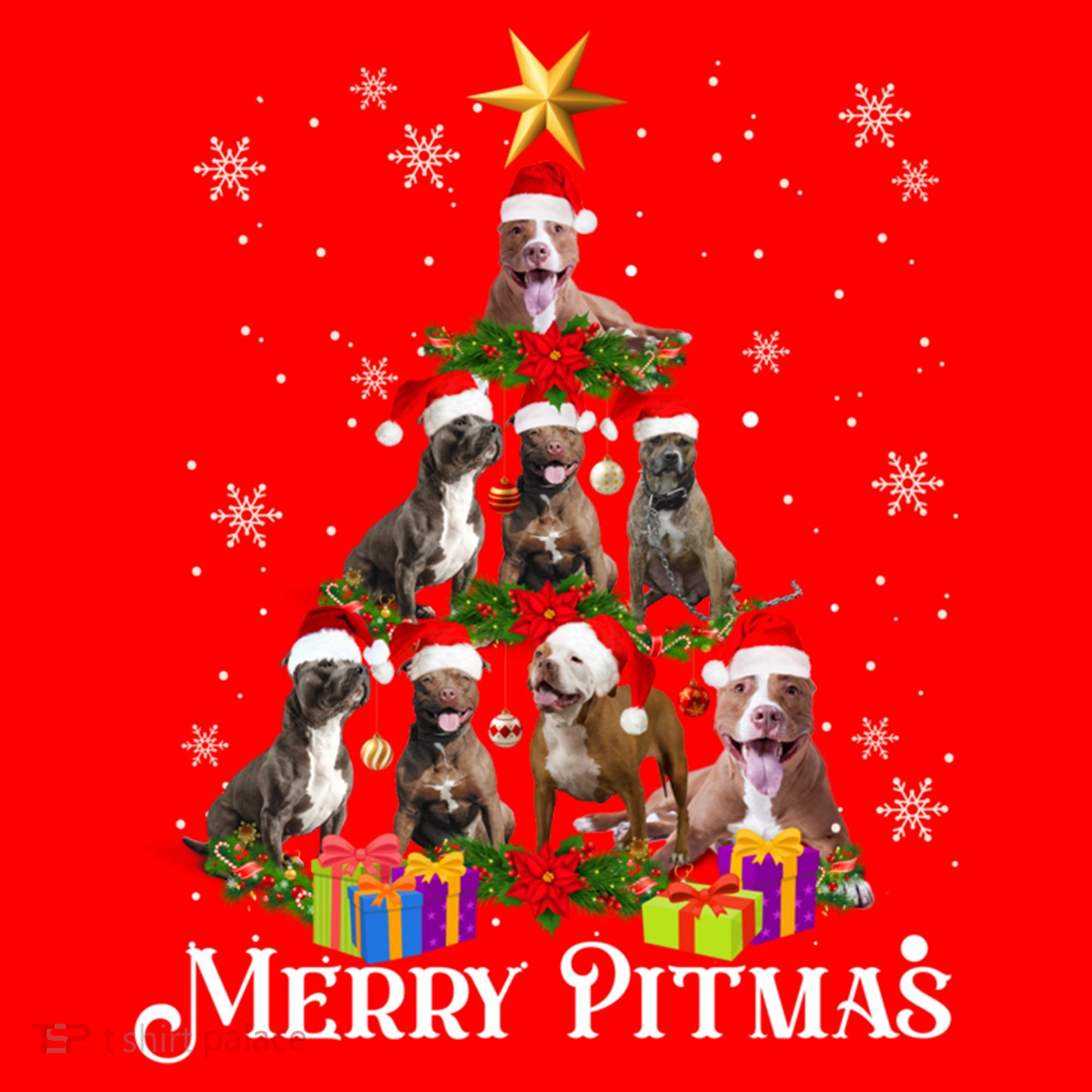 Merry Pitmas Pitbull Dog Ugly Christmas Sweater Tree Dogs Cute Gift Santa Hat