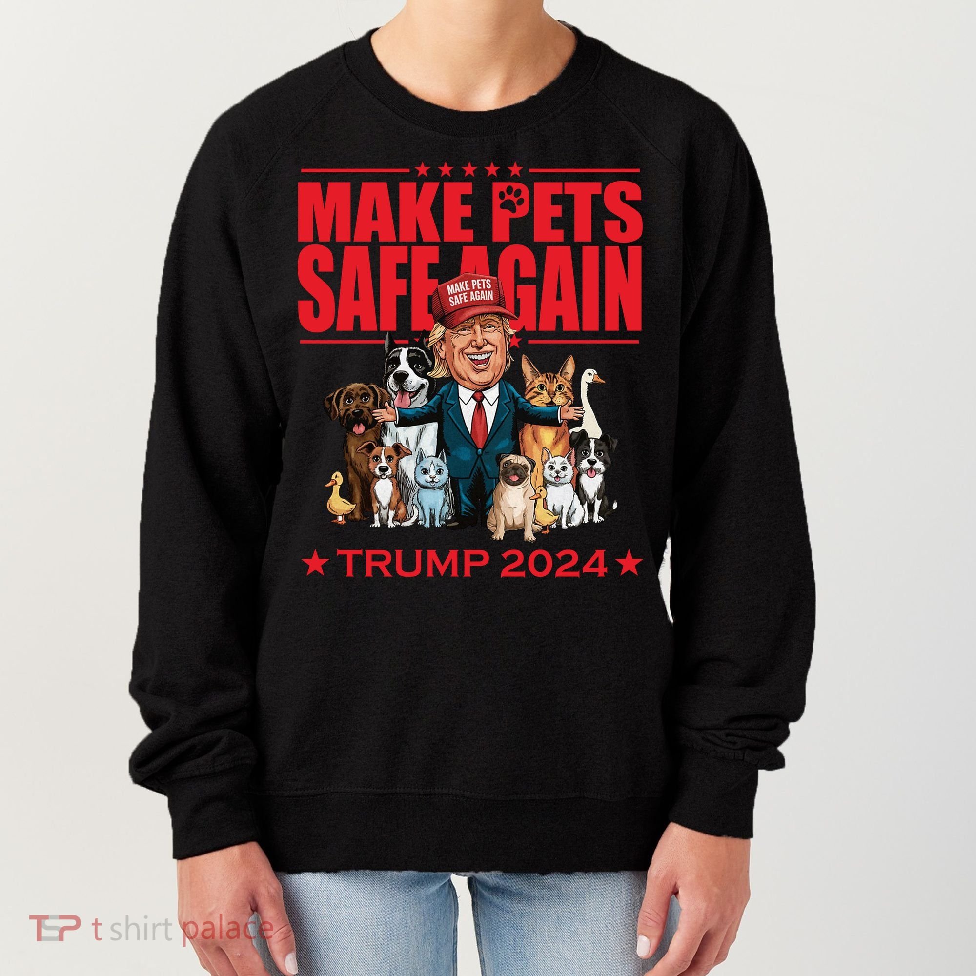Make Pets Safe Again Trump 2024 Funny Cartoon Women's Sweatshirt