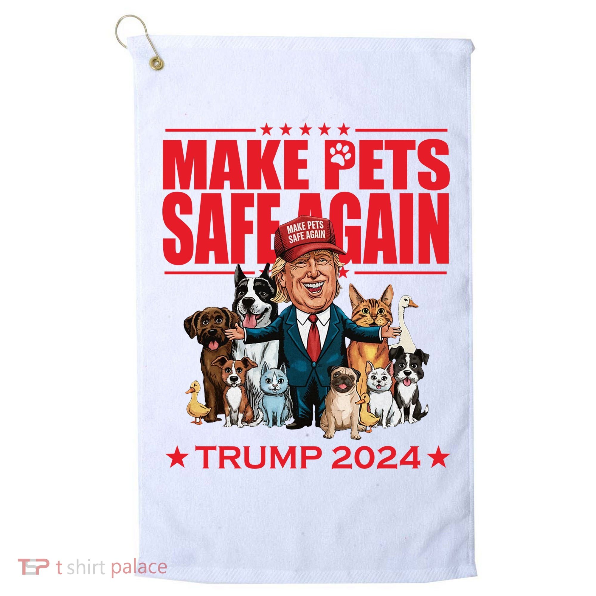 Make Pets Safe Again Trump 2024 Funny Cartoon Golf Towel