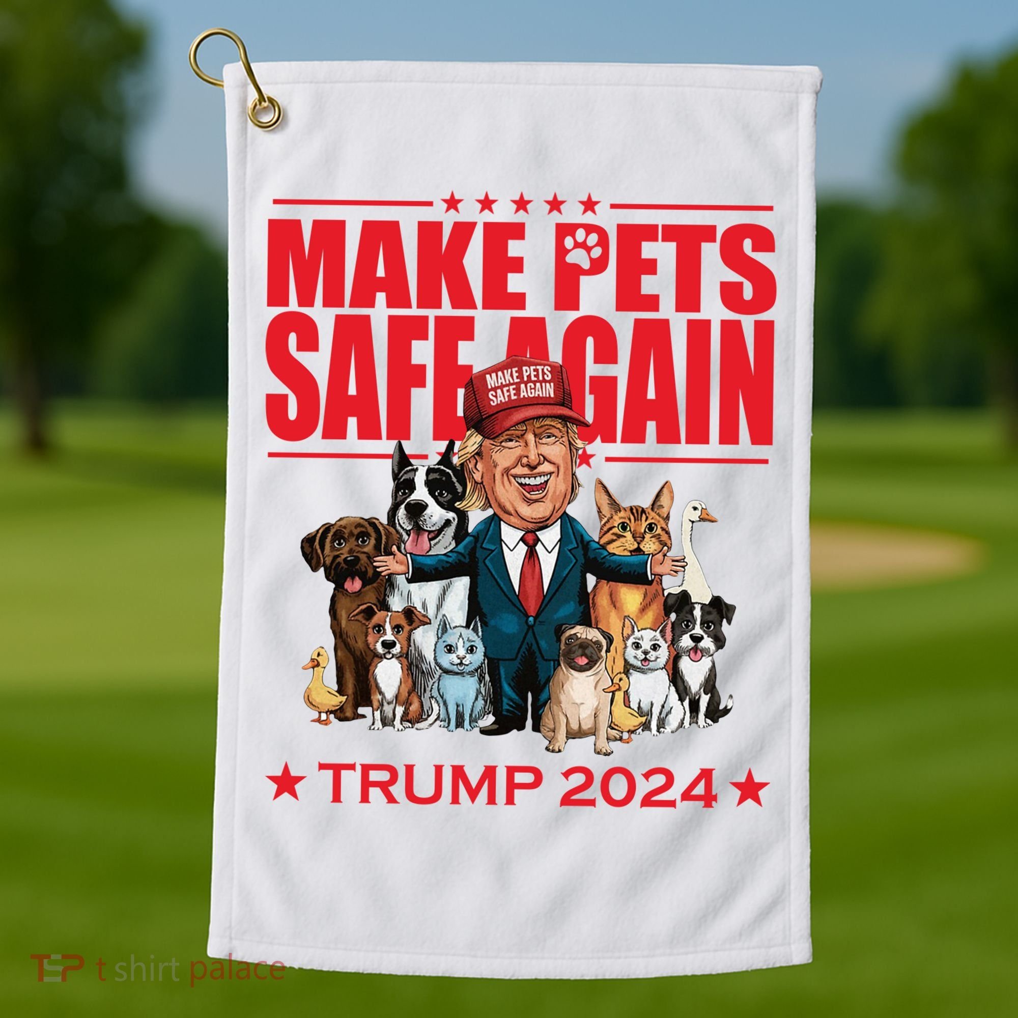 Make Pets Safe Again Trump 2024 Funny Cartoon Golf Towel