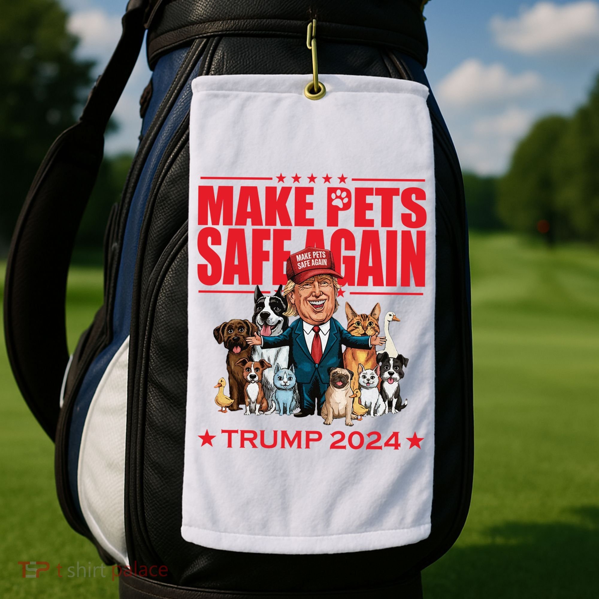 Make Pets Safe Again Trump 2024 Funny Cartoon Golf Towel