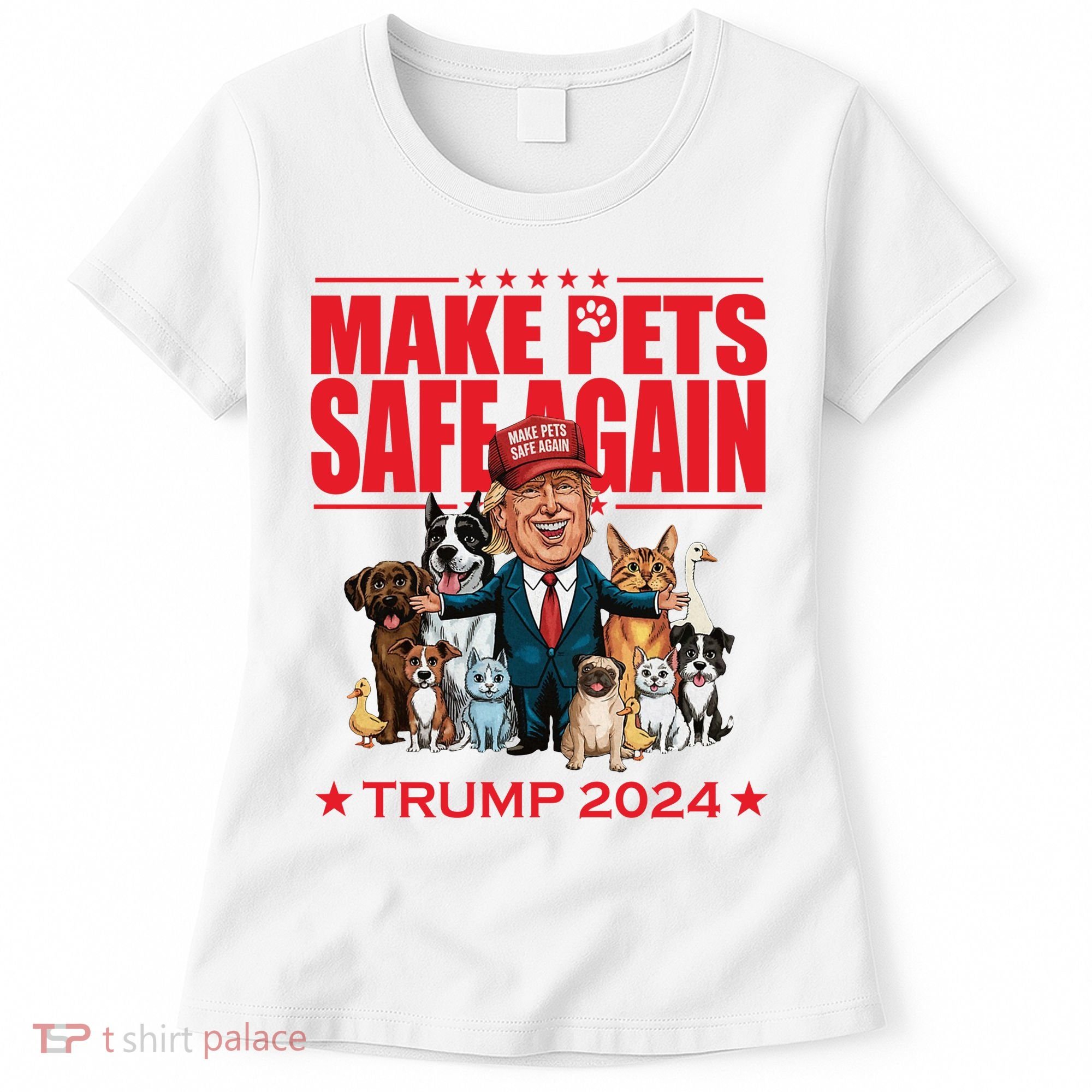 Make Pets Safe Again Trump 2024 Funny Cartoon Women's T-Shirt