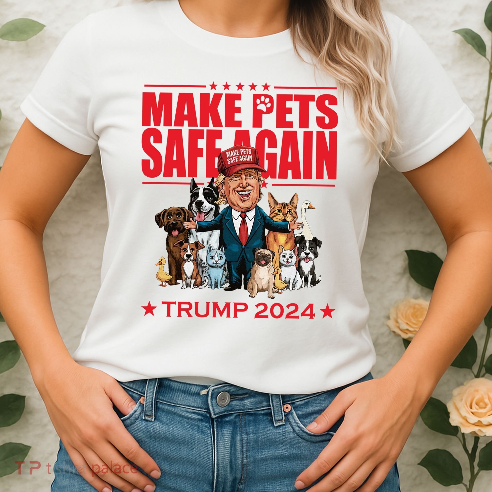 Make Pets Safe Again Trump 2024 Funny Cartoon Women's T-Shirt