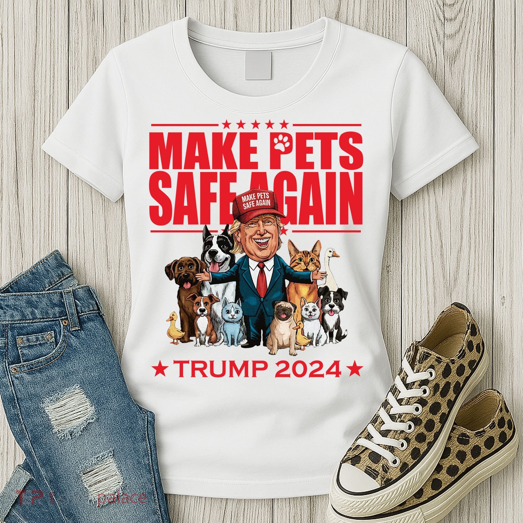 Make Pets Safe Again Trump 2024 Funny Cartoon Women's T-Shirt