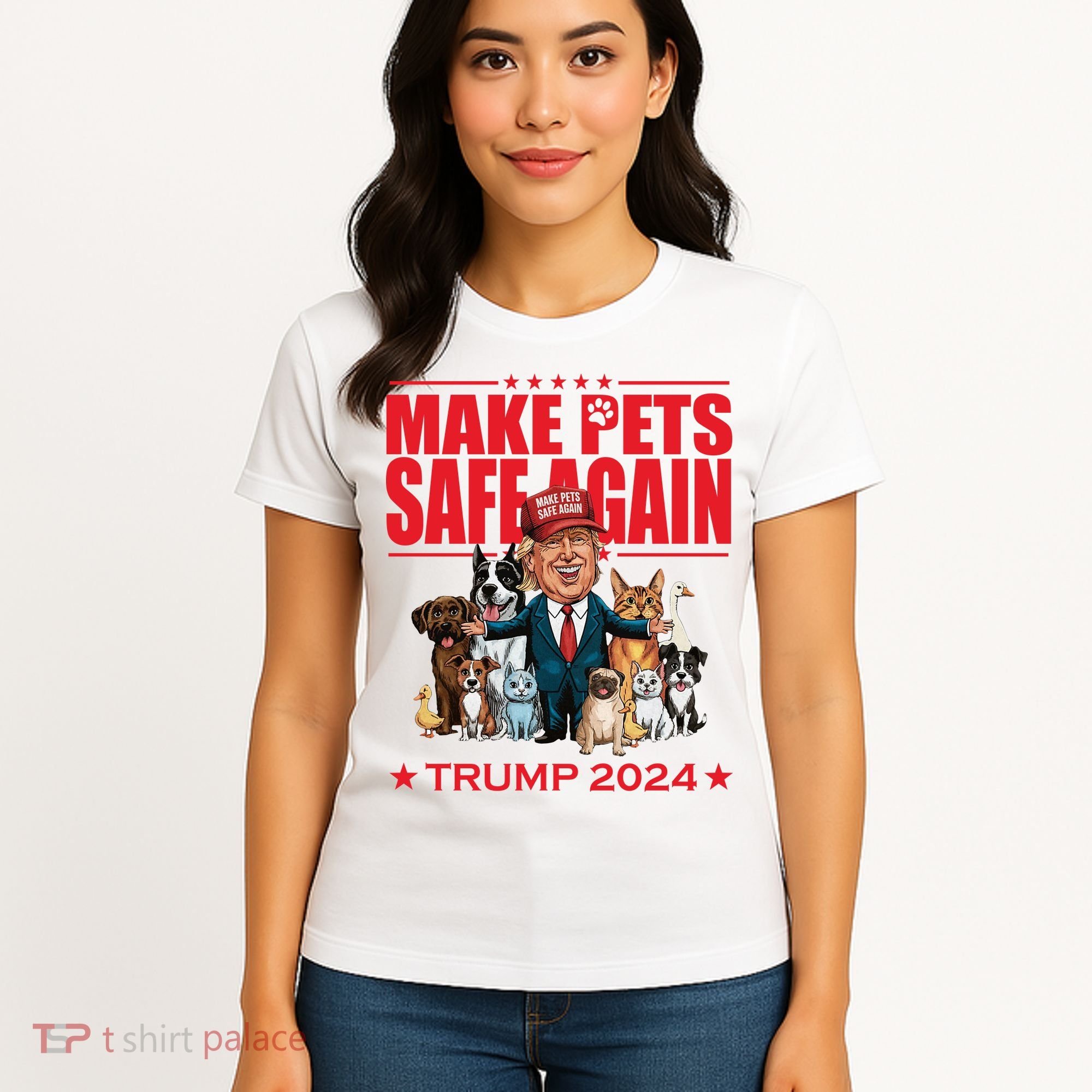 Make Pets Safe Again Trump 2024 Funny Cartoon Women's T-Shirt
