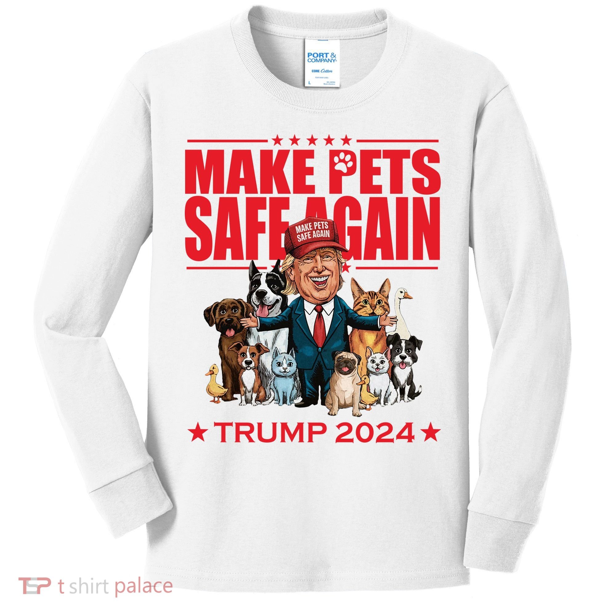 Make Pets Safe Again Trump 2024 Funny Cartoon Kids Long Sleeve Shirt