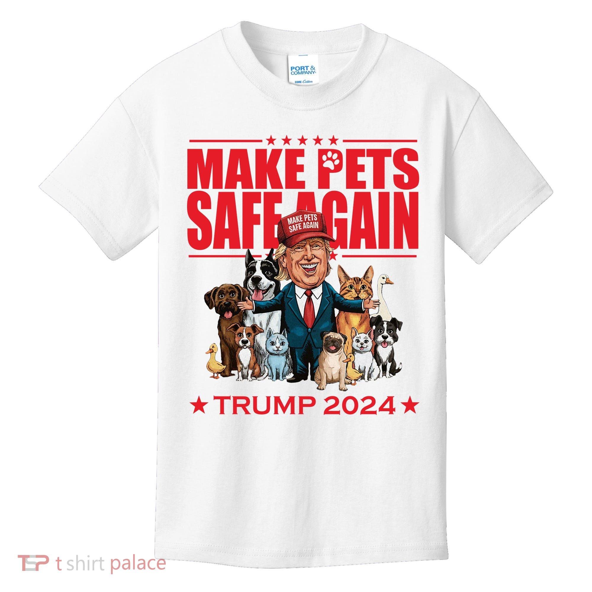Make Pets Safe Again Trump 2024 Funny Cartoon Kids T-Shirt
