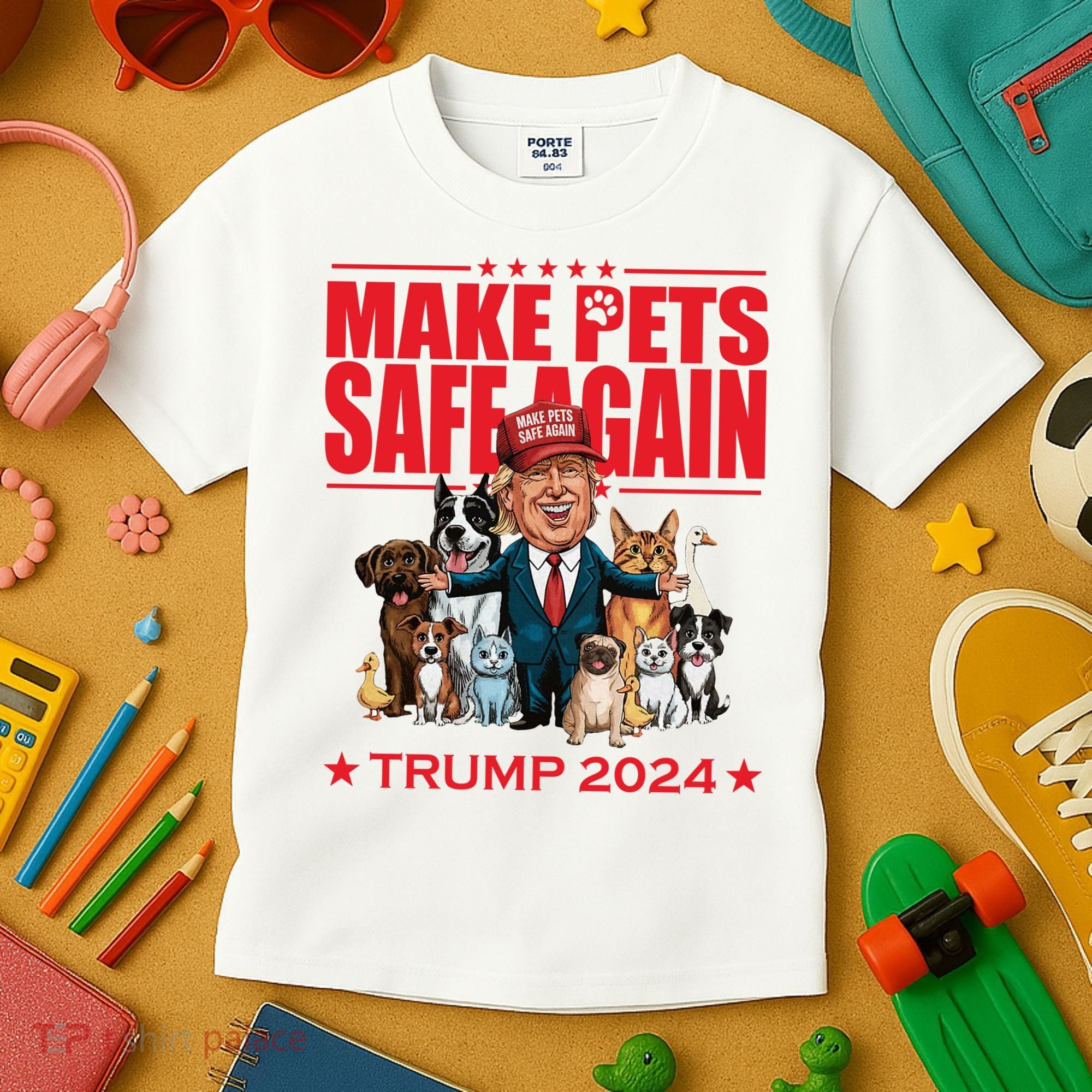 Make Pets Safe Again Trump 2024 Funny Cartoon Kids T-Shirt
