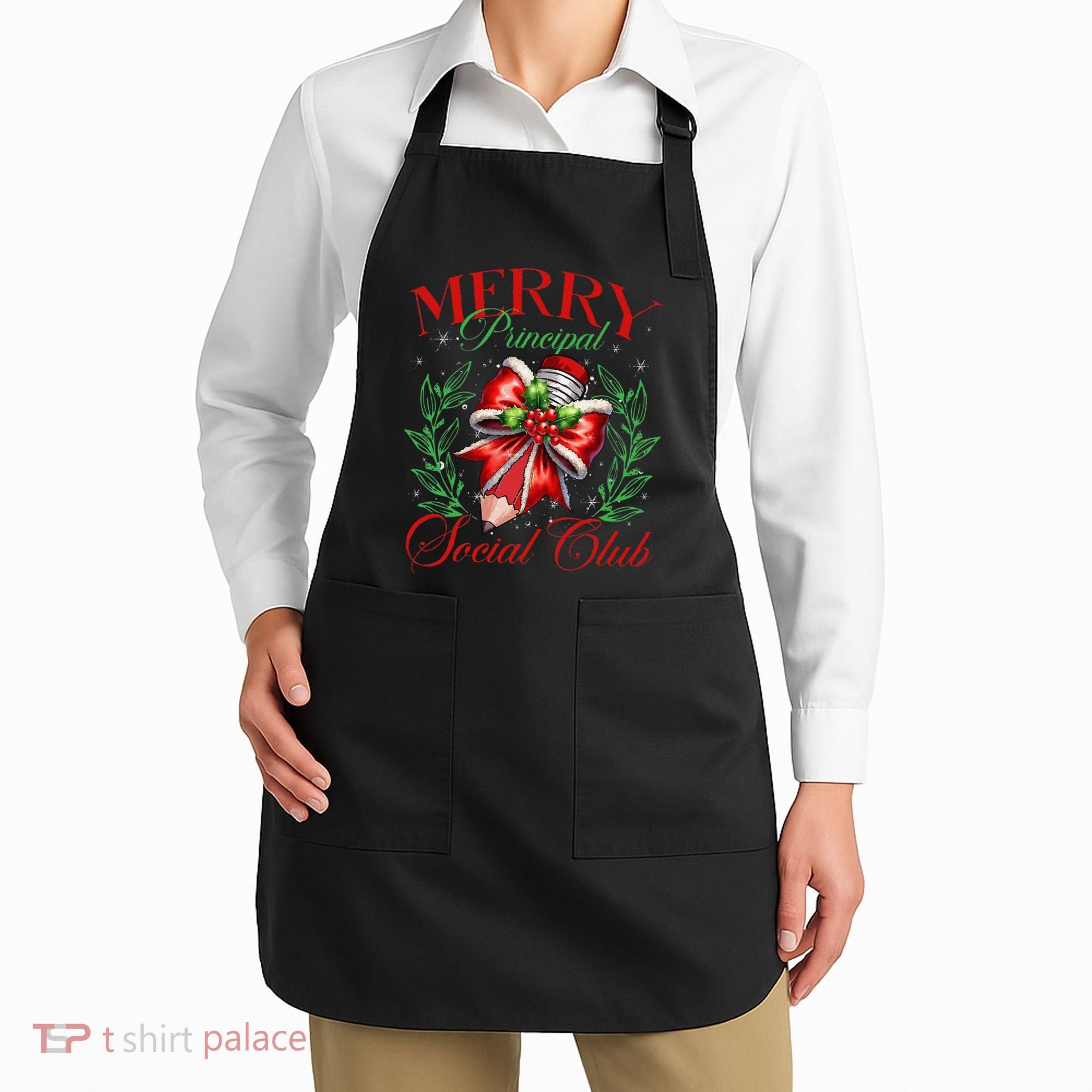 Merry Principal Social Club Pencil Coquette Bow Teacher Xmas Apron