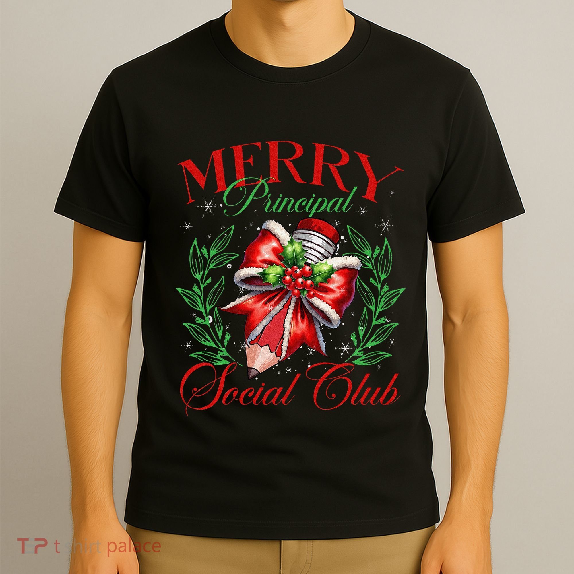 Merry Principal Social Club Pencil Coquette Bow Teacher Xmas T-Shirt
