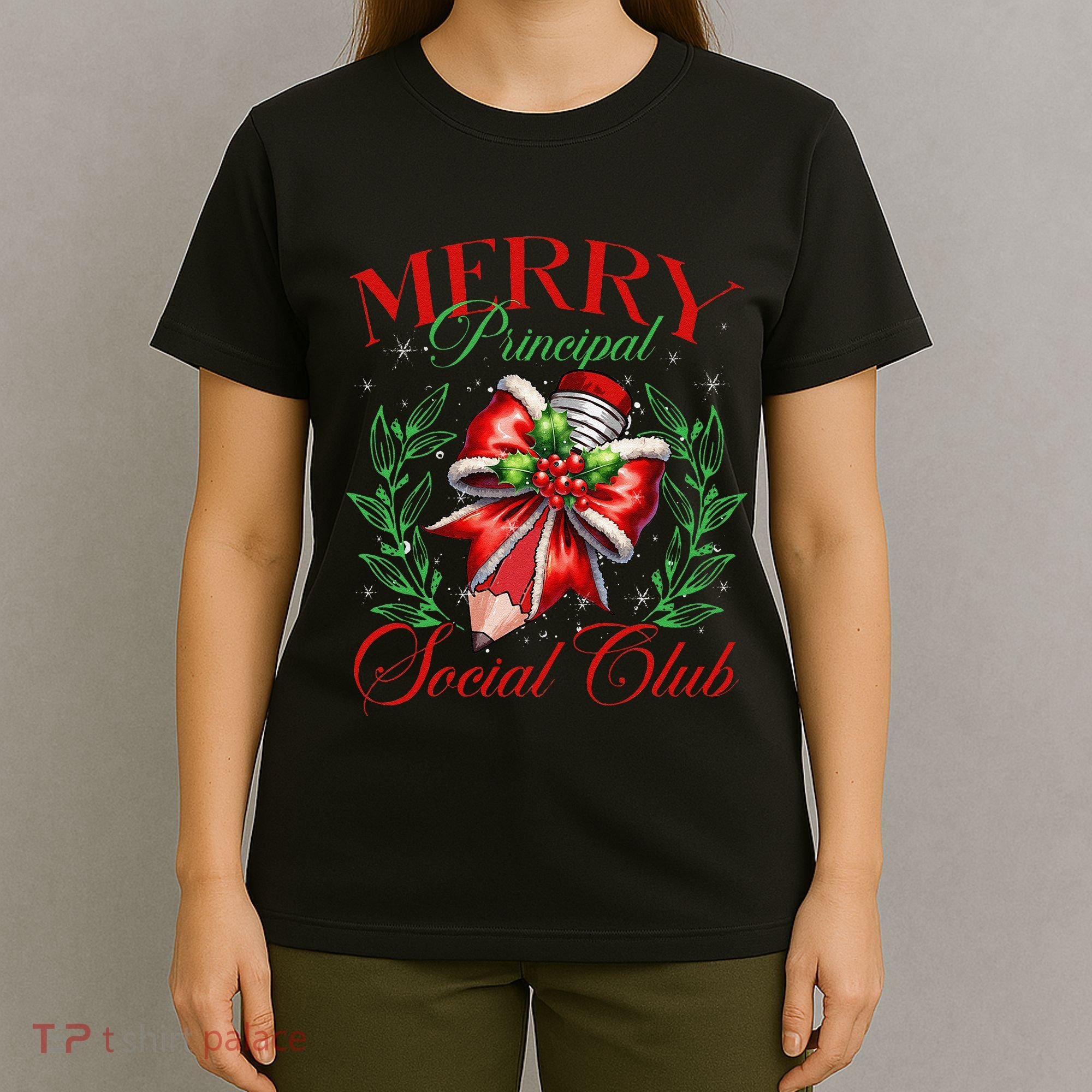 Merry Principal Social Club Pencil Coquette Bow Teacher Xmas T-Shirt