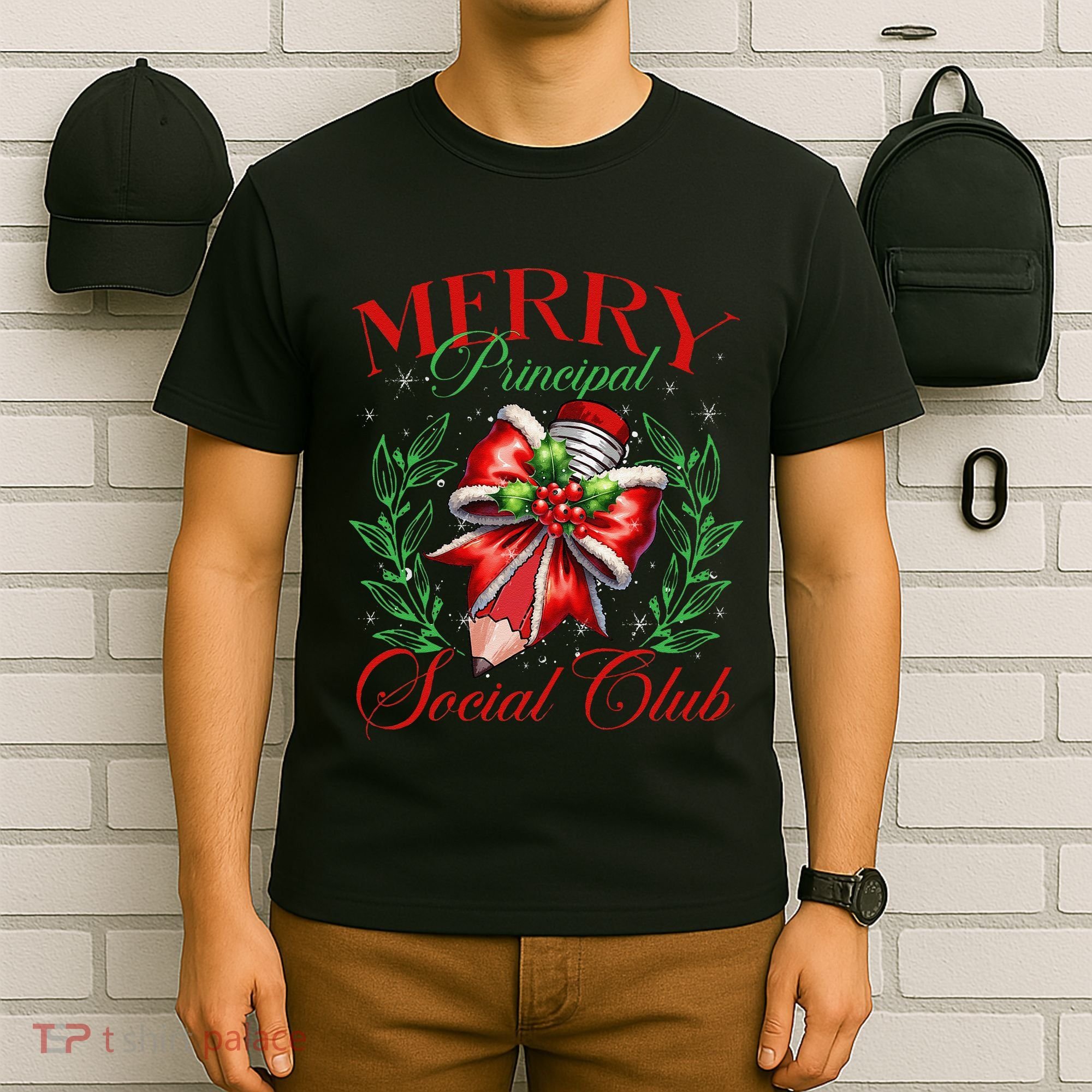 Merry Principal Social Club Pencil Coquette Bow Teacher Xmas T-Shirt