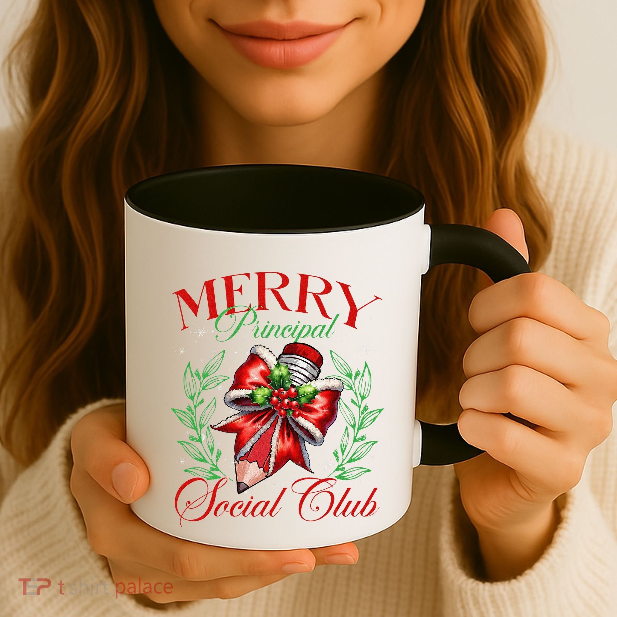 Merry Principal Social Club Pencil Coquette Bow Teacher Xmas Coffee Mug