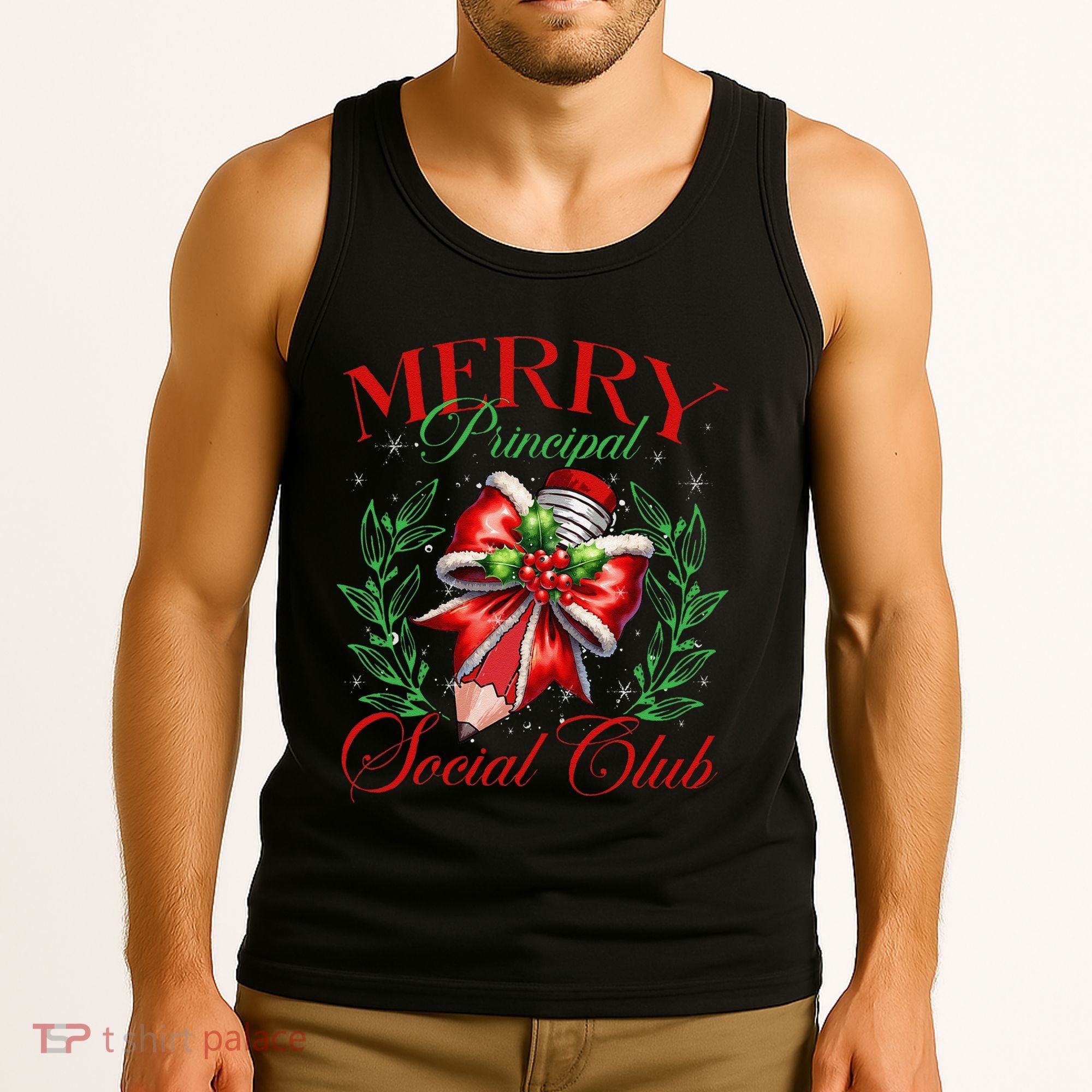 Merry Principal Social Club Pencil Coquette Bow Teacher Xmas Tank Top