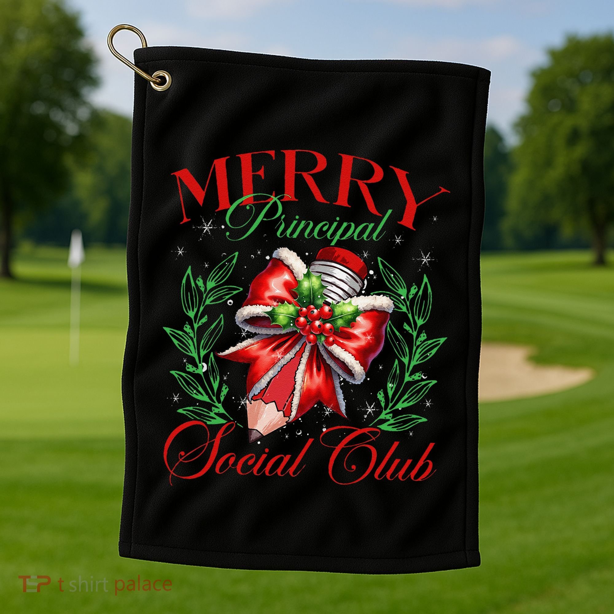 Merry Principal Social Club Pencil Coquette Bow Teacher Xmas Golf Towel