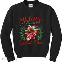 Merry Principal Social Club Pencil Coquette Bow Teacher Xmas Kids Sweatshirt thumb 0