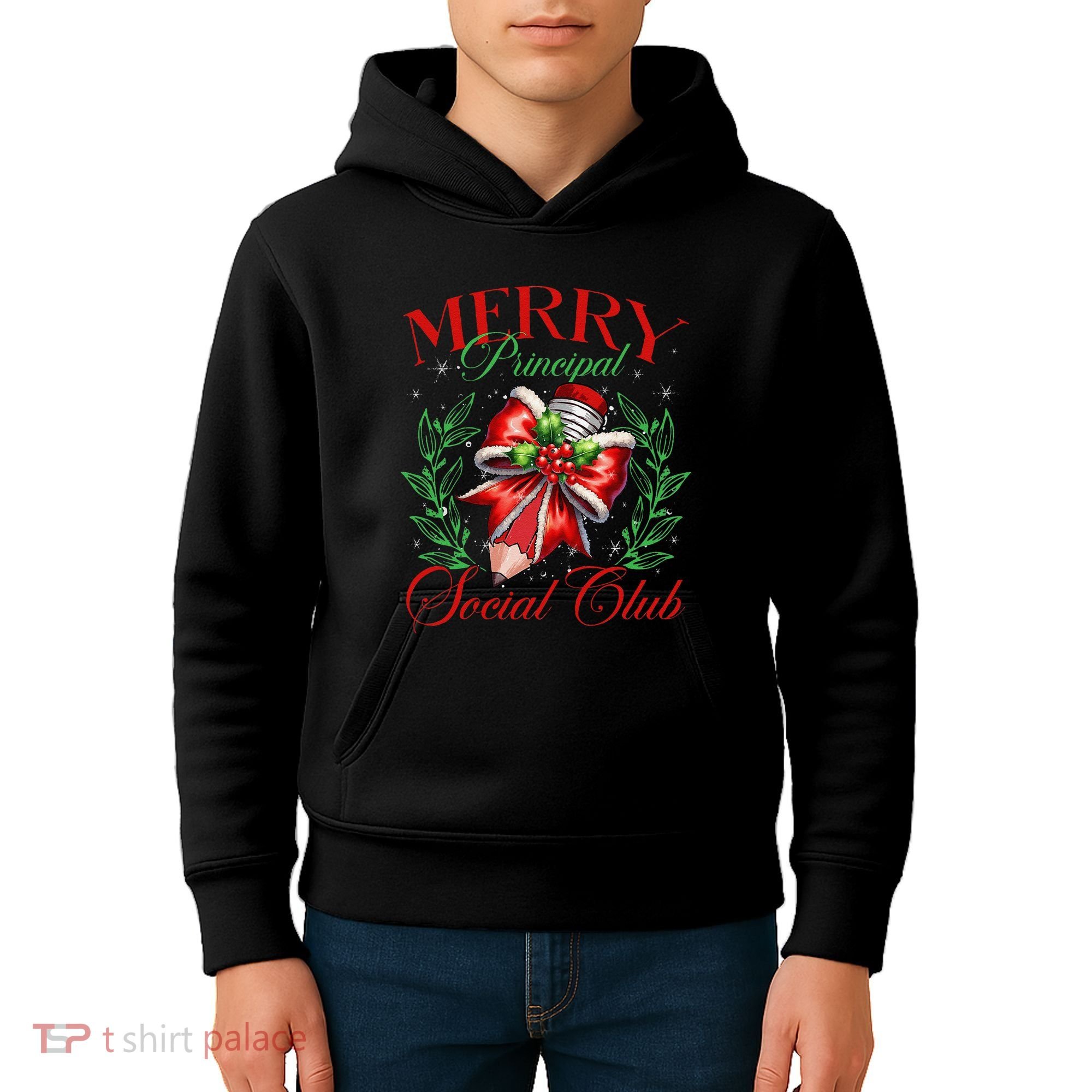 Merry Principal Social Club Pencil Coquette Bow Teacher Xmas Kids Hoodie