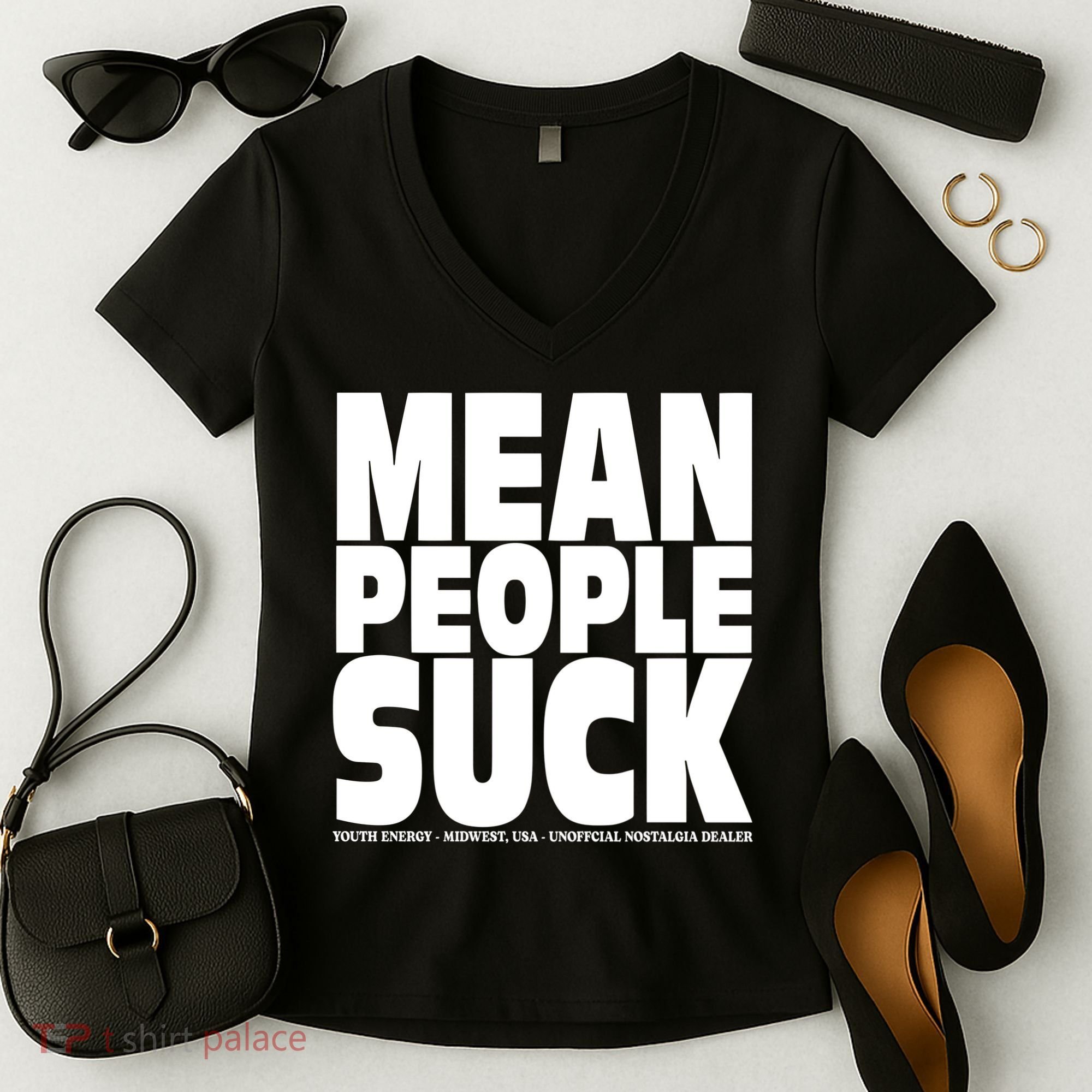 Mean People Suck Energy Midwest Usa Un Nostalgia Dealer Women's V-Neck T-Shirt