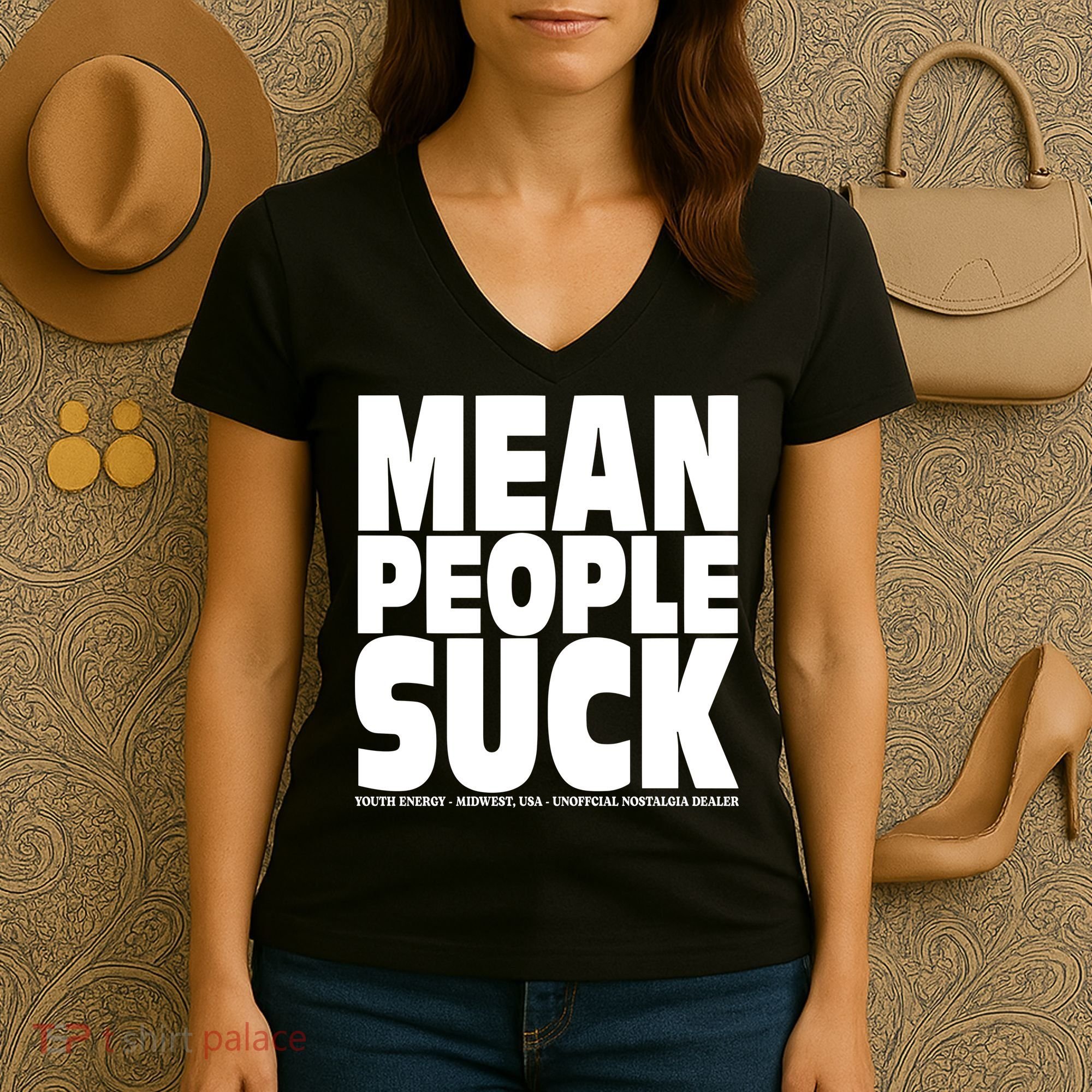 Mean People Suck Energy Midwest Usa Un Nostalgia Dealer Women's V-Neck T-Shirt