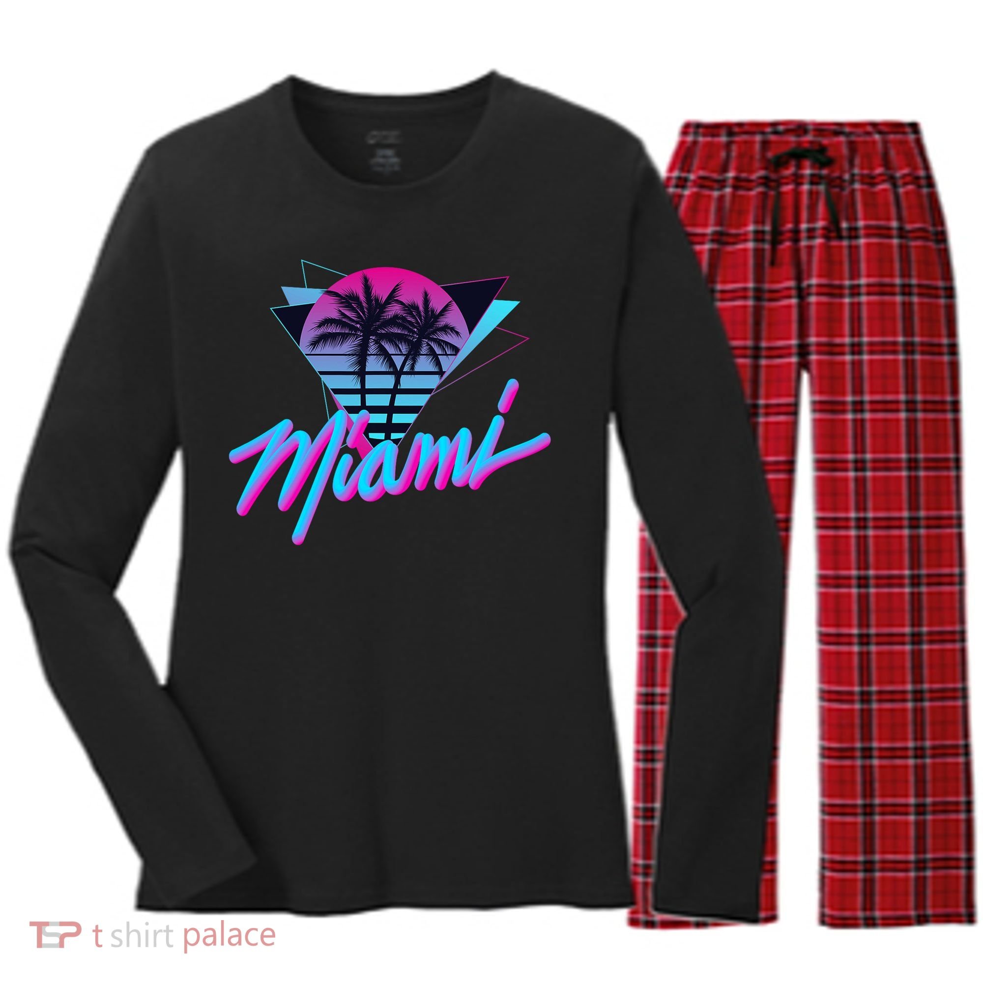 Miami Palm Trees Vaperwave Synthwave 80s Style Retro Women's Long Sleeve Flannel Pajama Set 