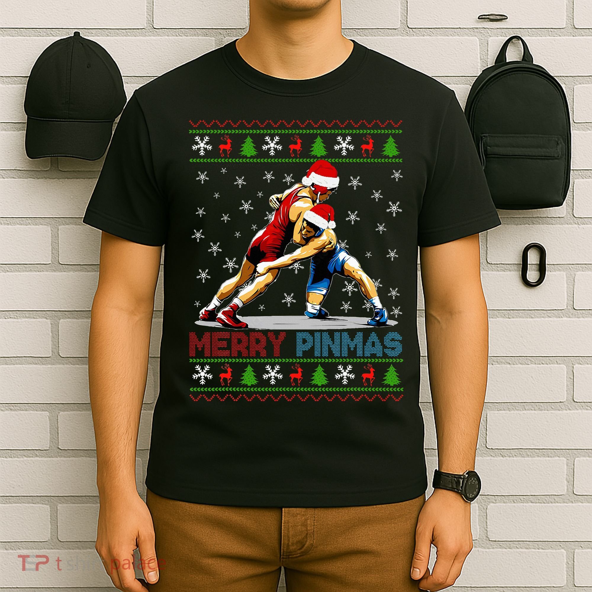 Merry Pinmas Ugly Christmas Santa Claus Wrestling T-Shirt