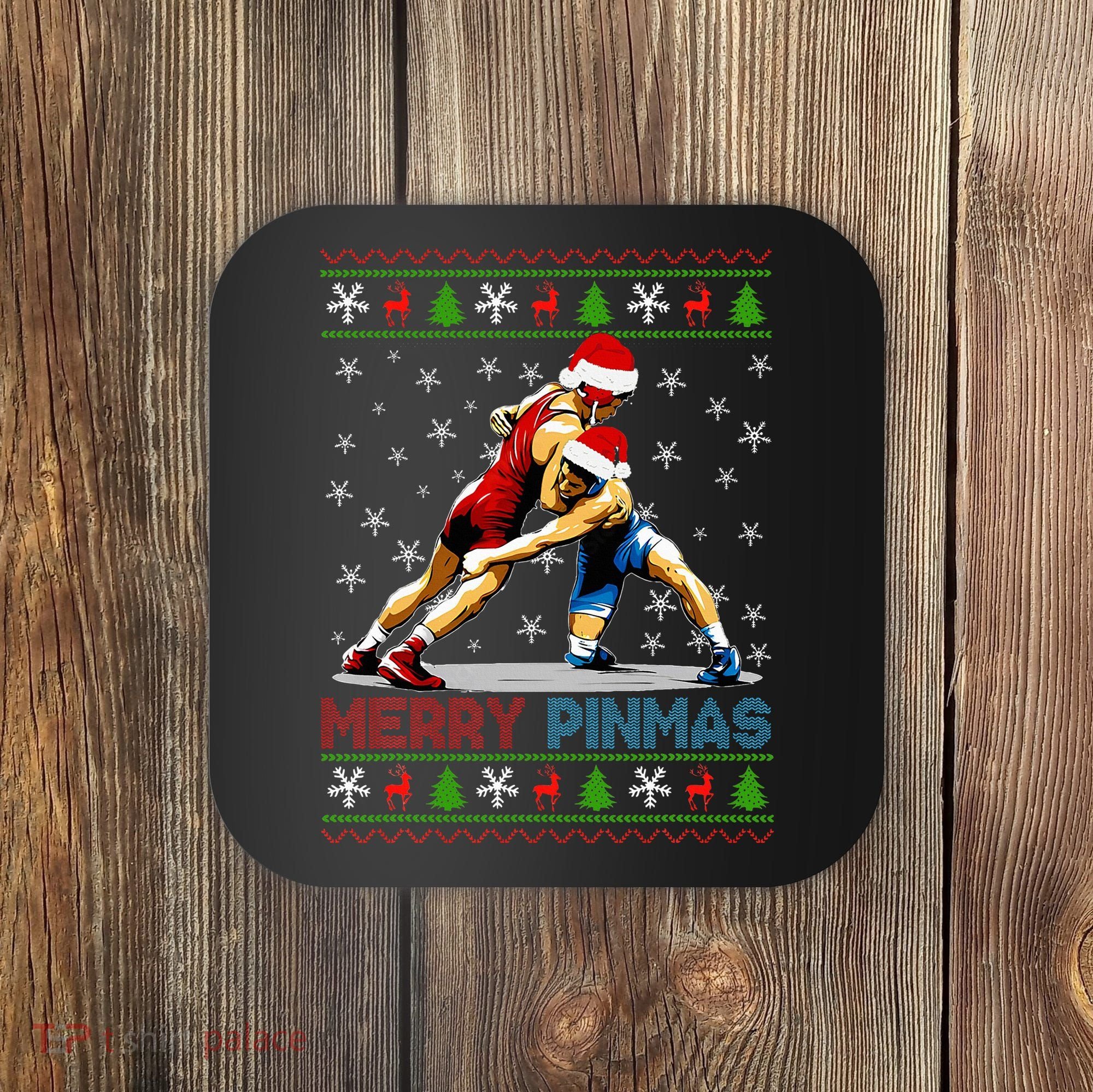 Merry Pinmas Ugly Christmas Santa Claus Wrestling Coaster