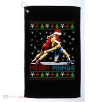 Merry Pinmas Ugly Christmas Santa Claus Wrestling Golf Towel thumb 0