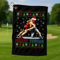 Merry Pinmas Ugly Christmas Santa Claus Wrestling Golf Towel thumb 1