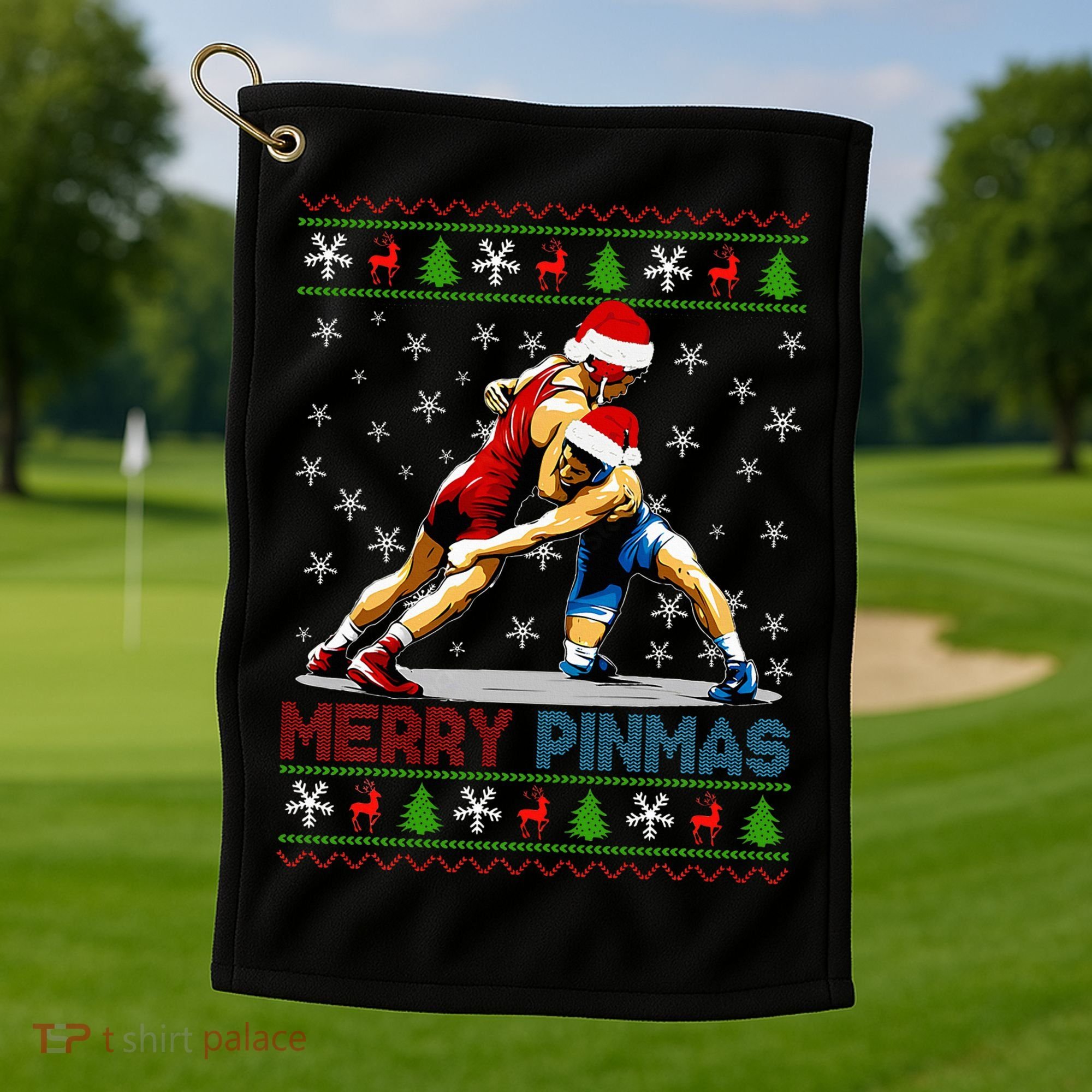 Merry Pinmas Ugly Christmas Santa Claus Wrestling Golf Towel