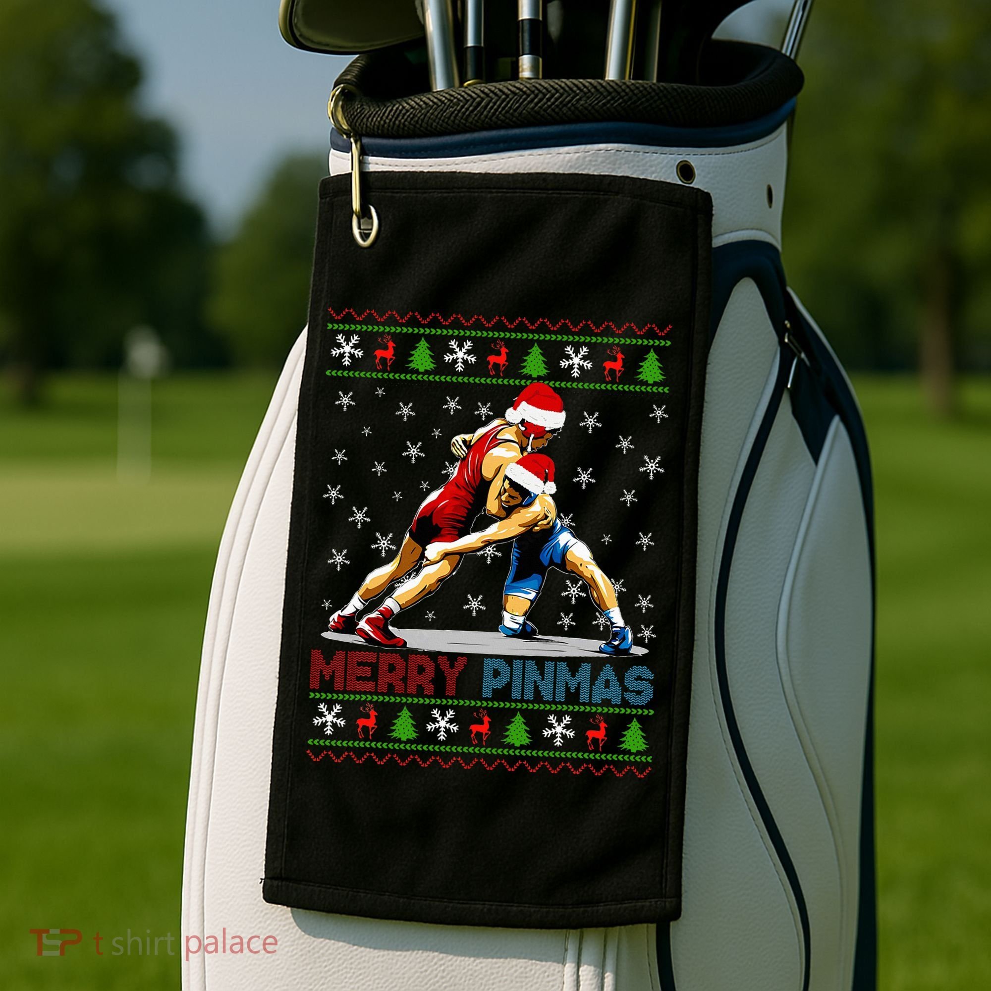 Merry Pinmas Ugly Christmas Santa Claus Wrestling Golf Towel