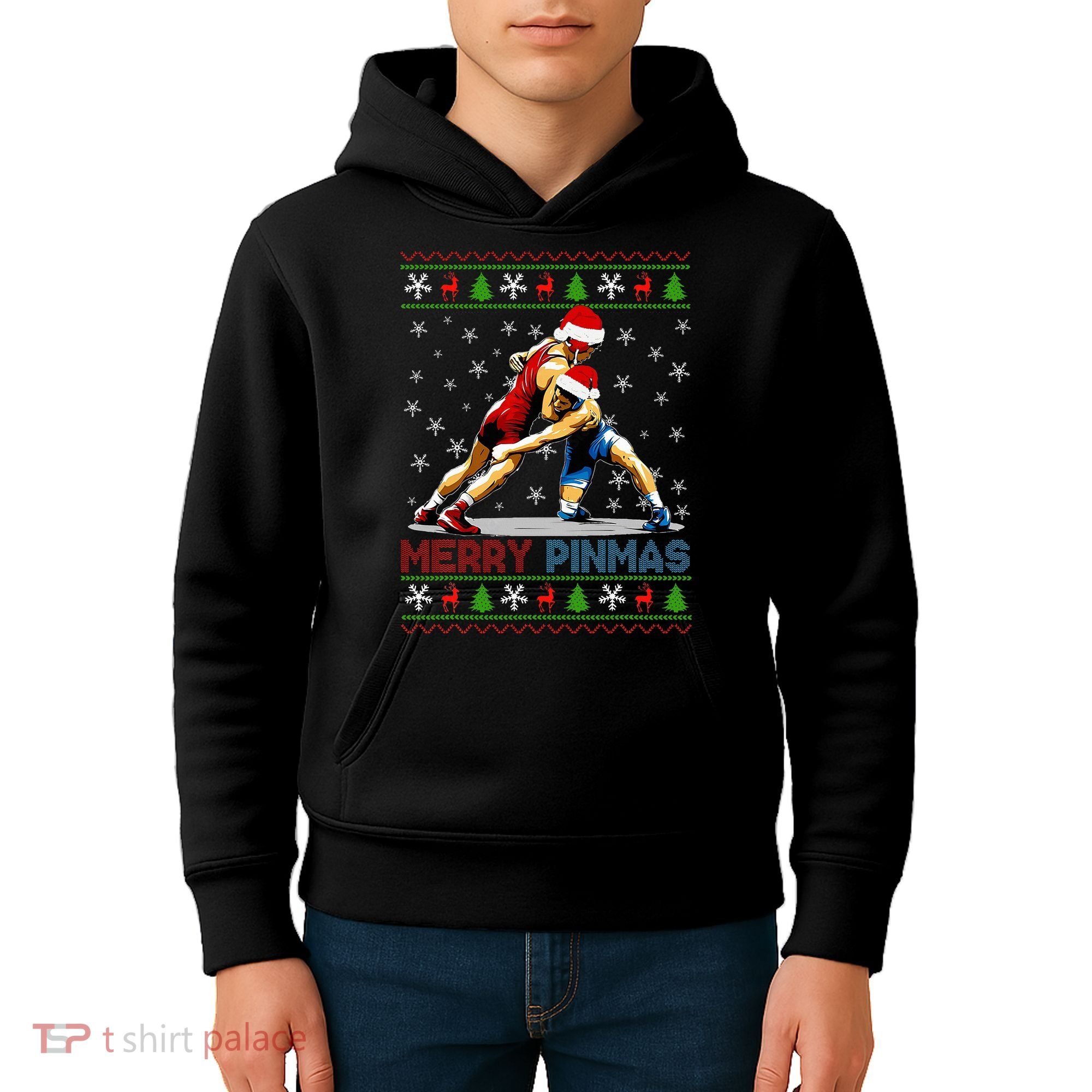 Merry Pinmas Ugly Christmas Santa Claus Wrestling Kids Hoodie