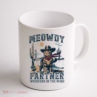 Meowdy Partner Whiskers In The Wind Humor Cool Cowboy Cat Coffee Mug thumb 1