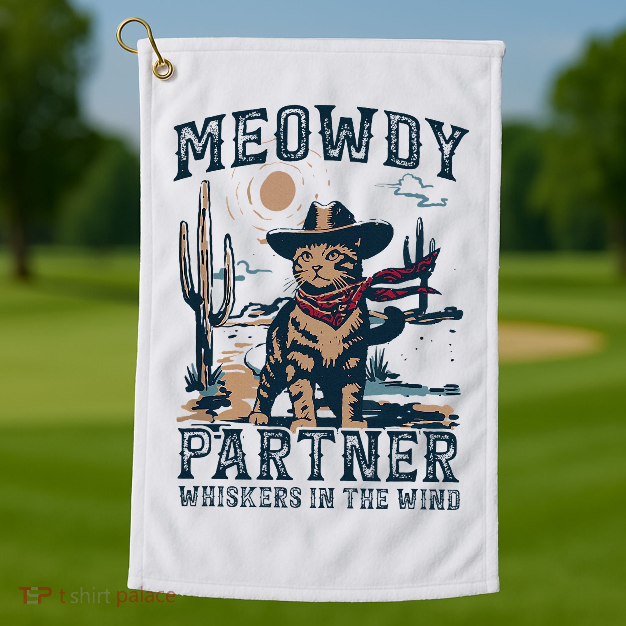 Meowdy Partner Whiskers In The Wind Humor Cool Cowboy Cat Golf Towel