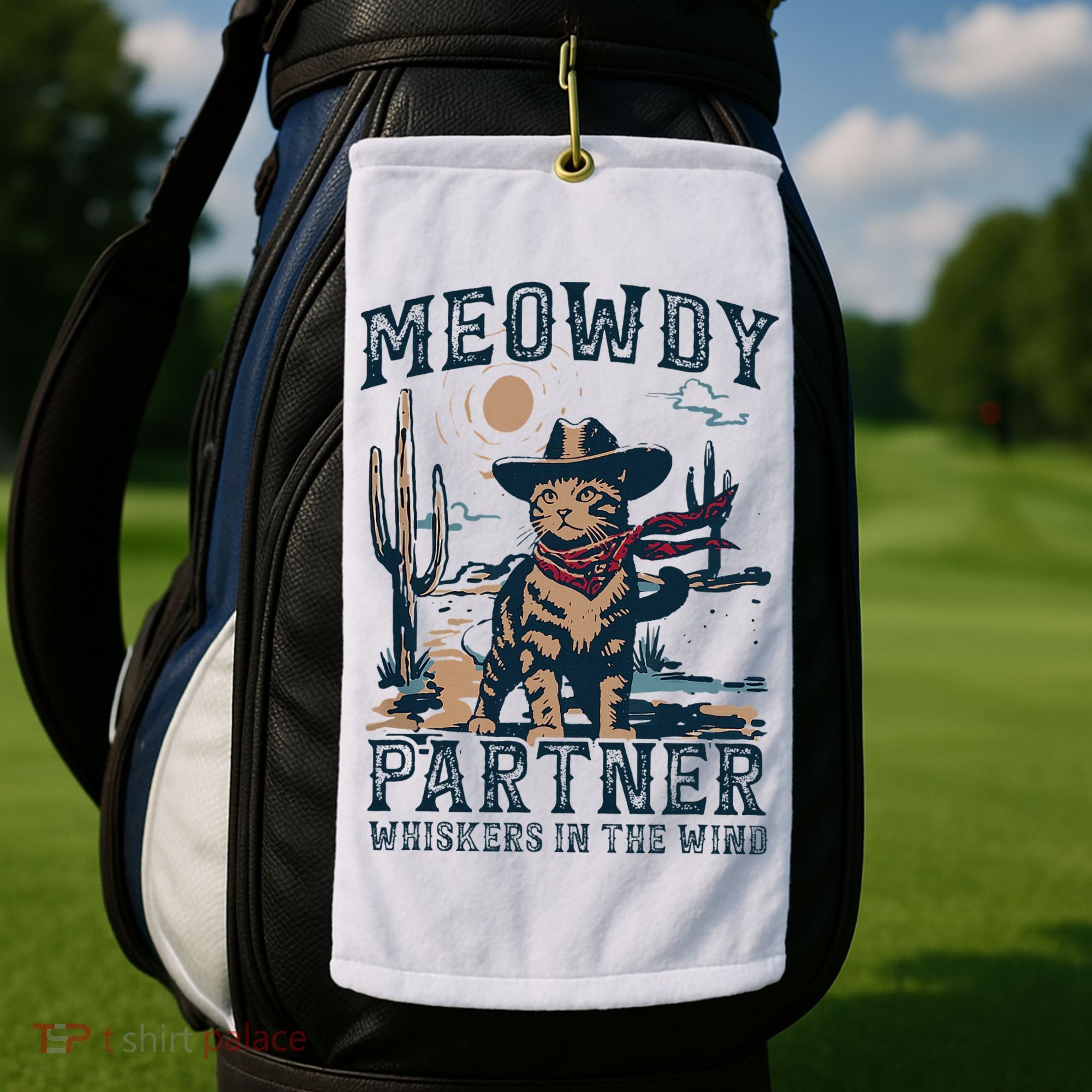 Meowdy Partner Whiskers In The Wind Humor Cool Cowboy Cat Golf Towel