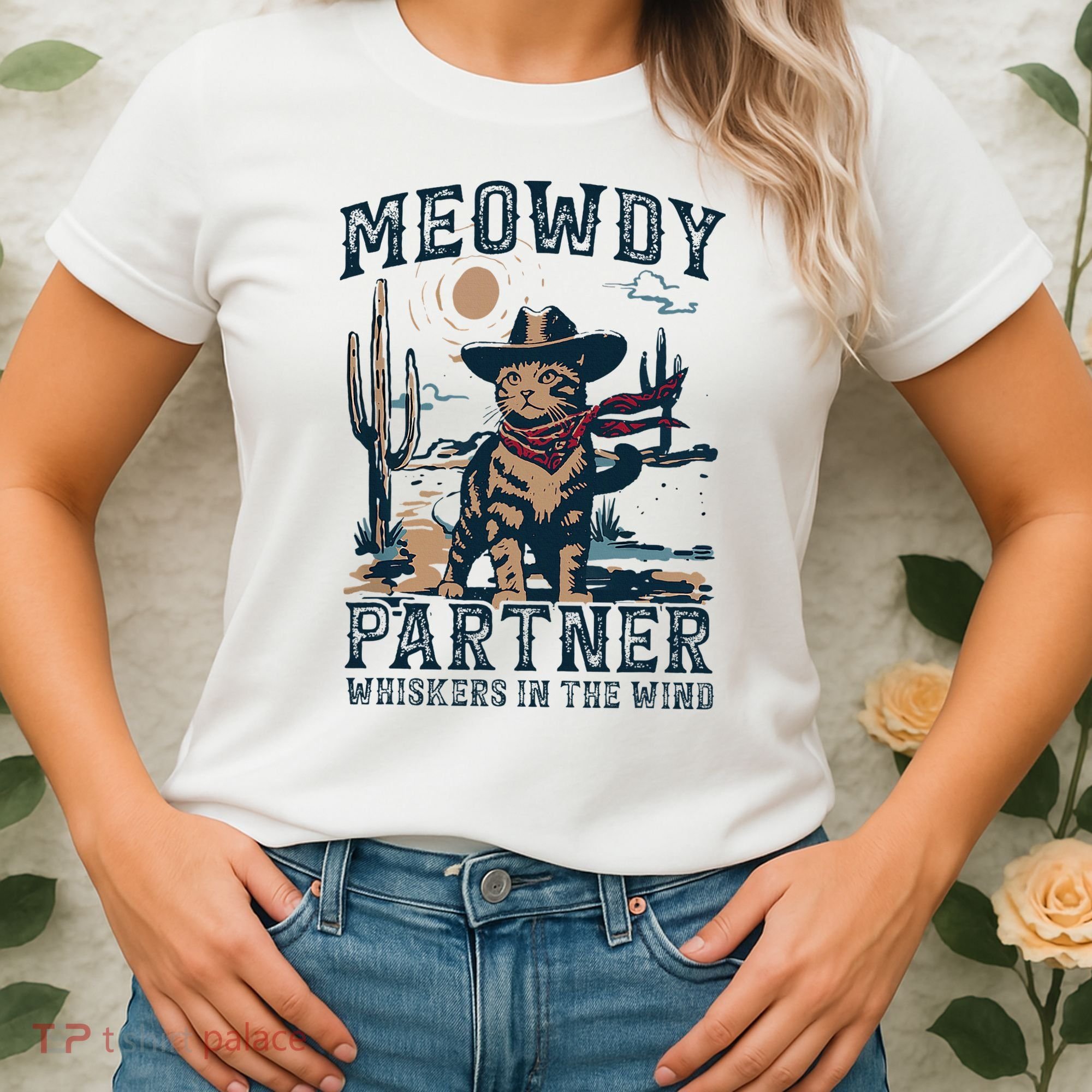 Meowdy Partner Whiskers In The Wind Humor Cool Cowboy Cat Women's T-Shirt