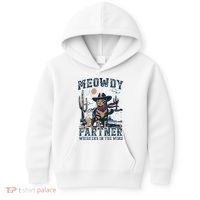 Meowdy Partner Whiskers In The Wind Humor Cool Cowboy Cat Kids Hoodie thumb 0