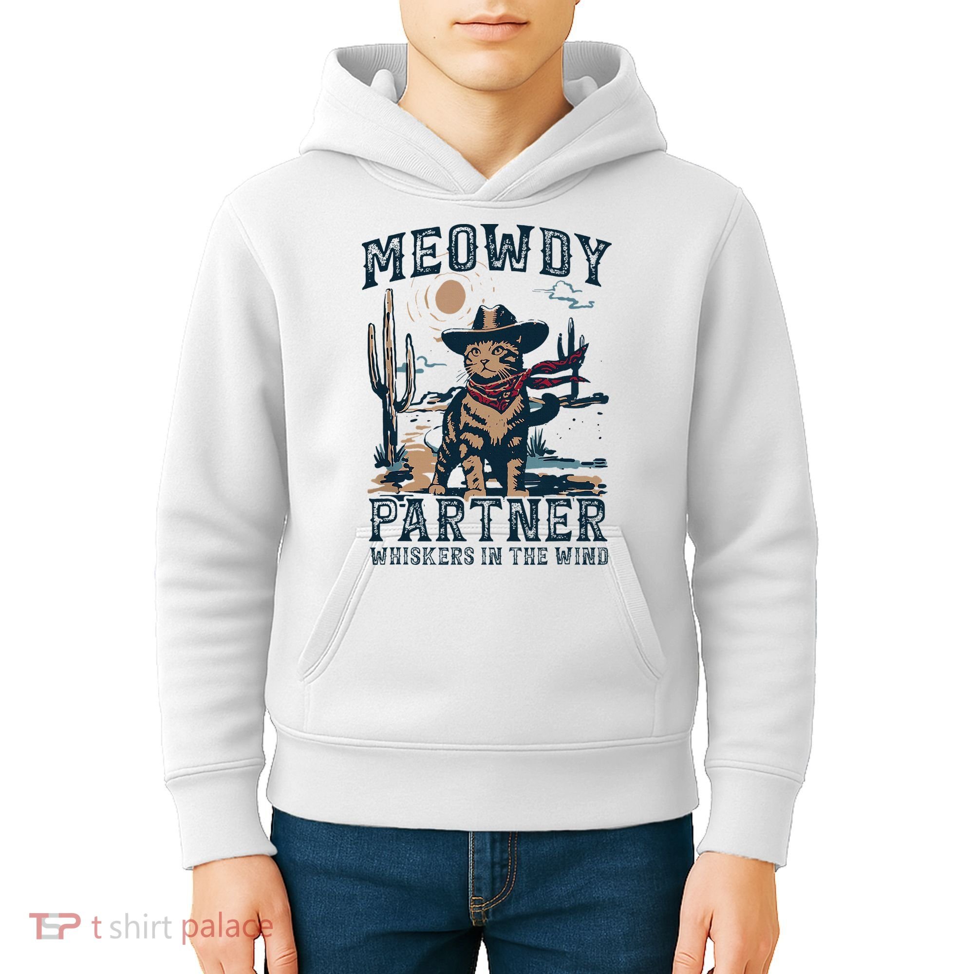 Meowdy Partner Whiskers In The Wind Humor Cool Cowboy Cat Kids Hoodie