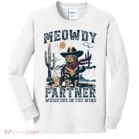 Meowdy Partner Whiskers In The Wind Humor Cool Cowboy Cat Kids Long Sleeve Shirt thumb 0