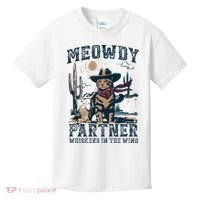 Meowdy Partner Whiskers In The Wind Humor Cool Cowboy Cat Kids T-Shirt thumb 0