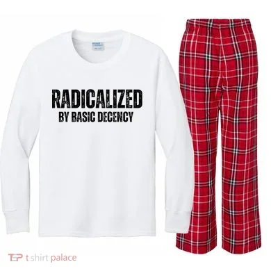 Minimalist 'Radicalized By Basic Decency' Typography Kids Long Sleeve Plaid Pajama Set