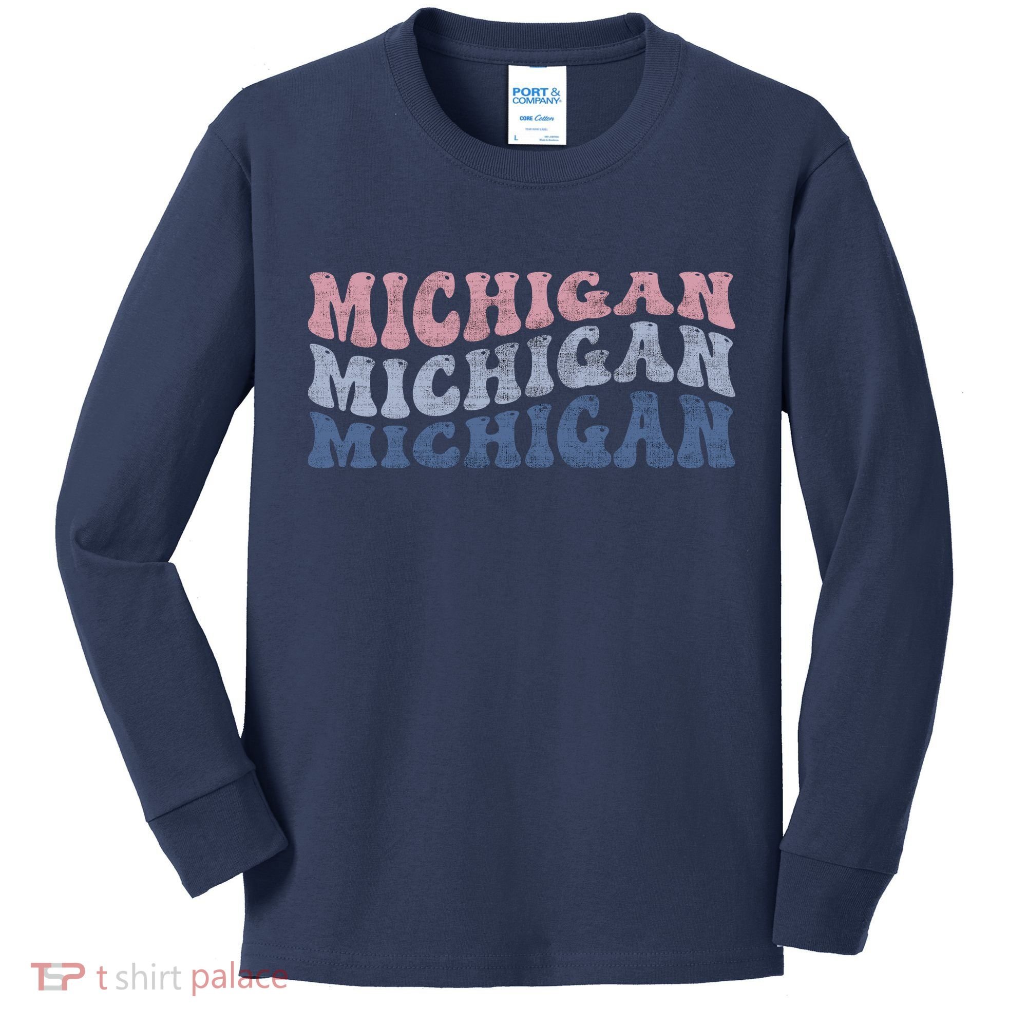Michigan Retro Distressed Logo Kids Long Sleeve Shirt