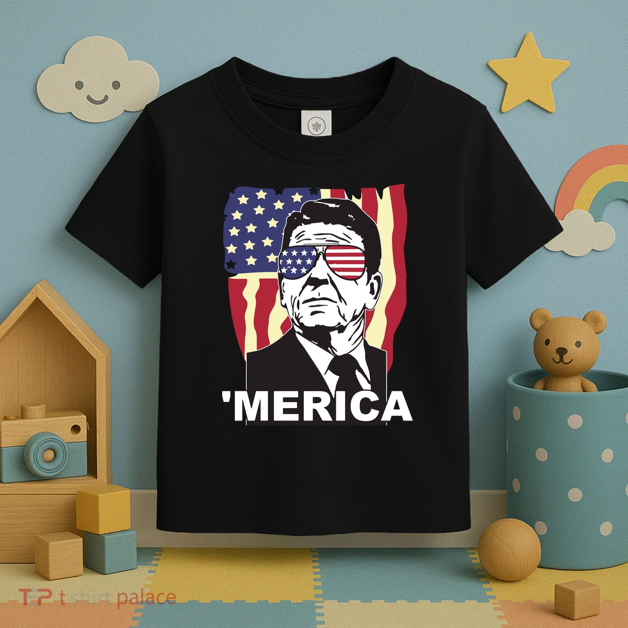 Merica Ronald Reagan Funny Usa Stars And Strips Proud American Toddler T-Shirt