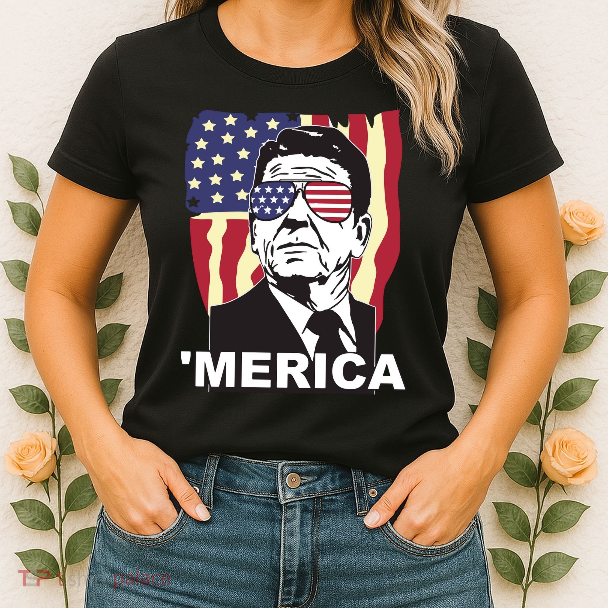 Merica Ronald Reagan Funny Usa Stars And Strips Proud American Women's T-Shirt
