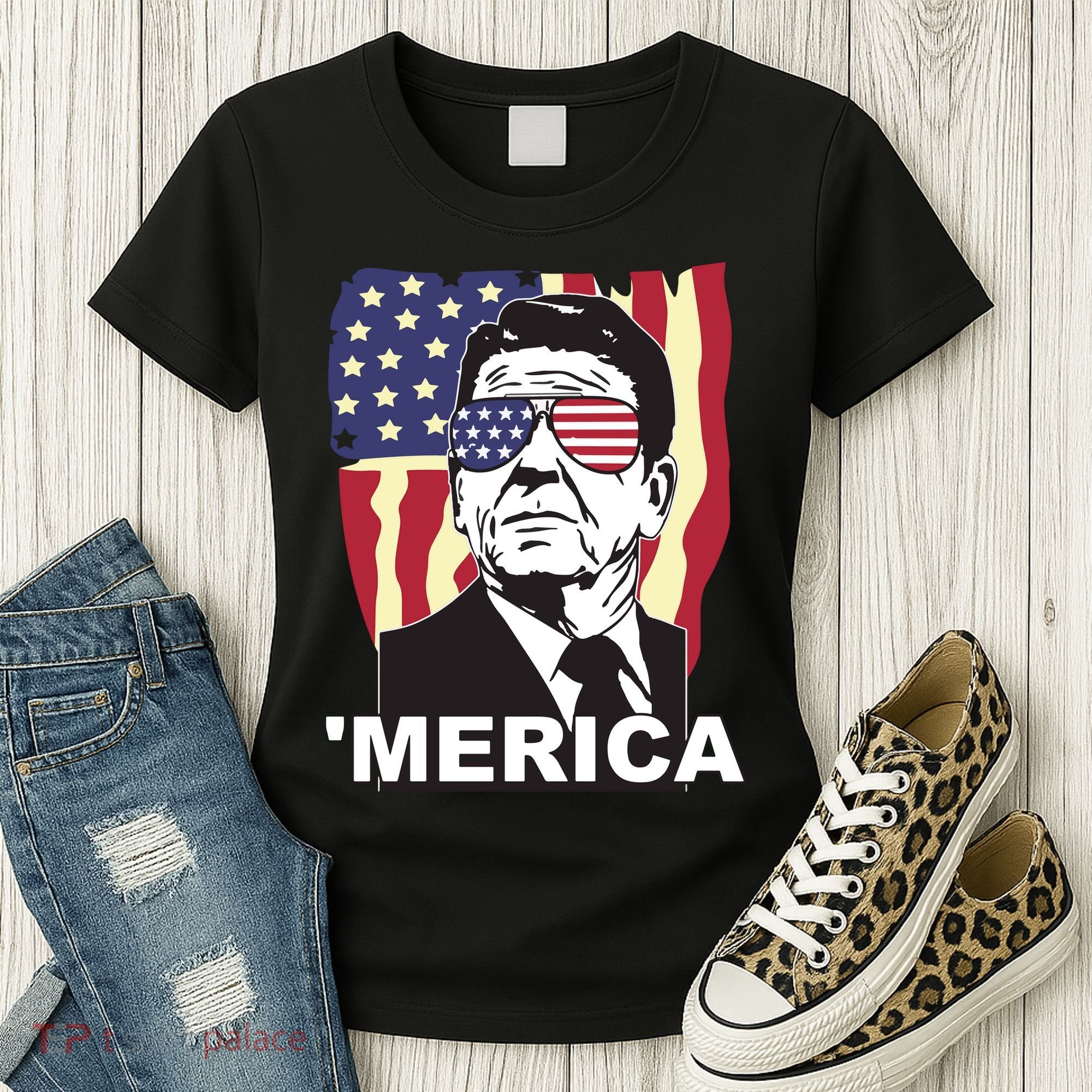 Merica Ronald Reagan Funny Usa Stars And Strips Proud American Women's T-Shirt